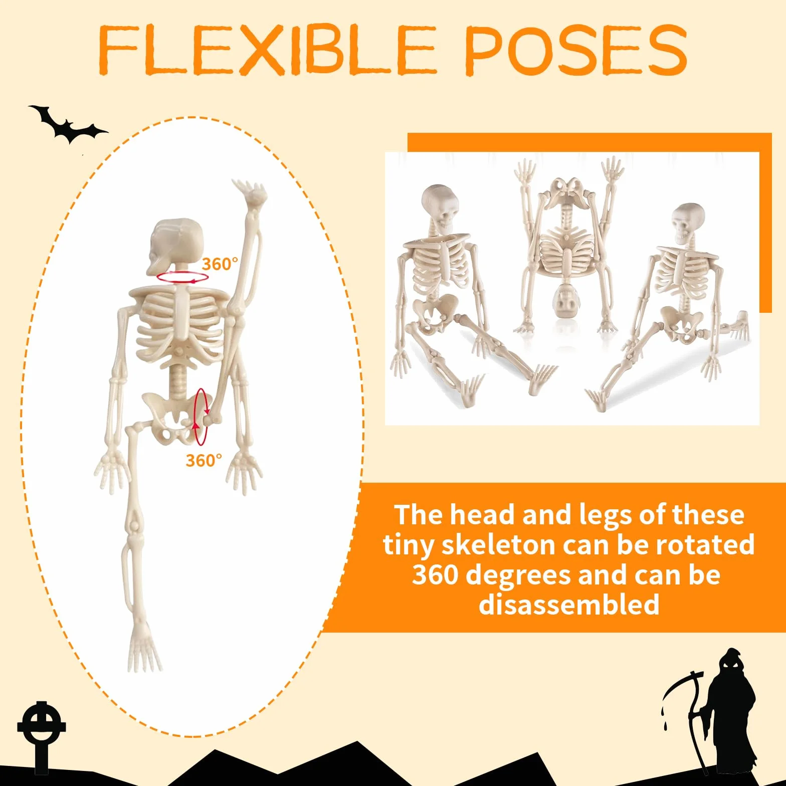 Hebterrka 8 sztuk dekoracyjnych mini szkieletowych figurek na Halloween, 15 cm, wysuwane plastikowe szkielety na straszną dekorację domu na Halloween, dekoracja domu duchów i prezenty na imprezę