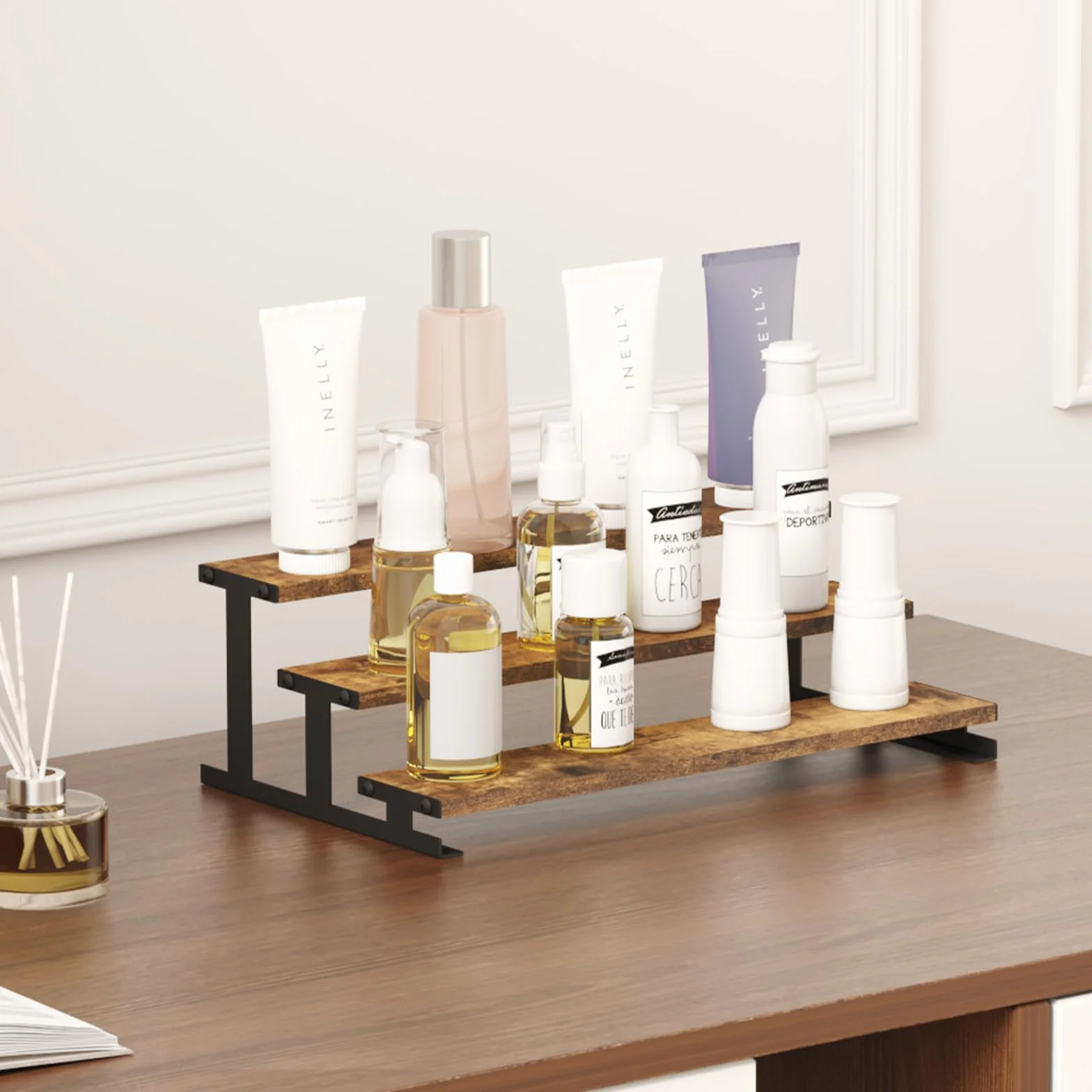Lifewit 3-poziomowy drewniany stojak na perfumy, organizer na perfumy, kolonię, kosmetyki, półki ekspozycyjne na rękodzieło, przyprawy, figurę, 1 szt., rustykalny brąz