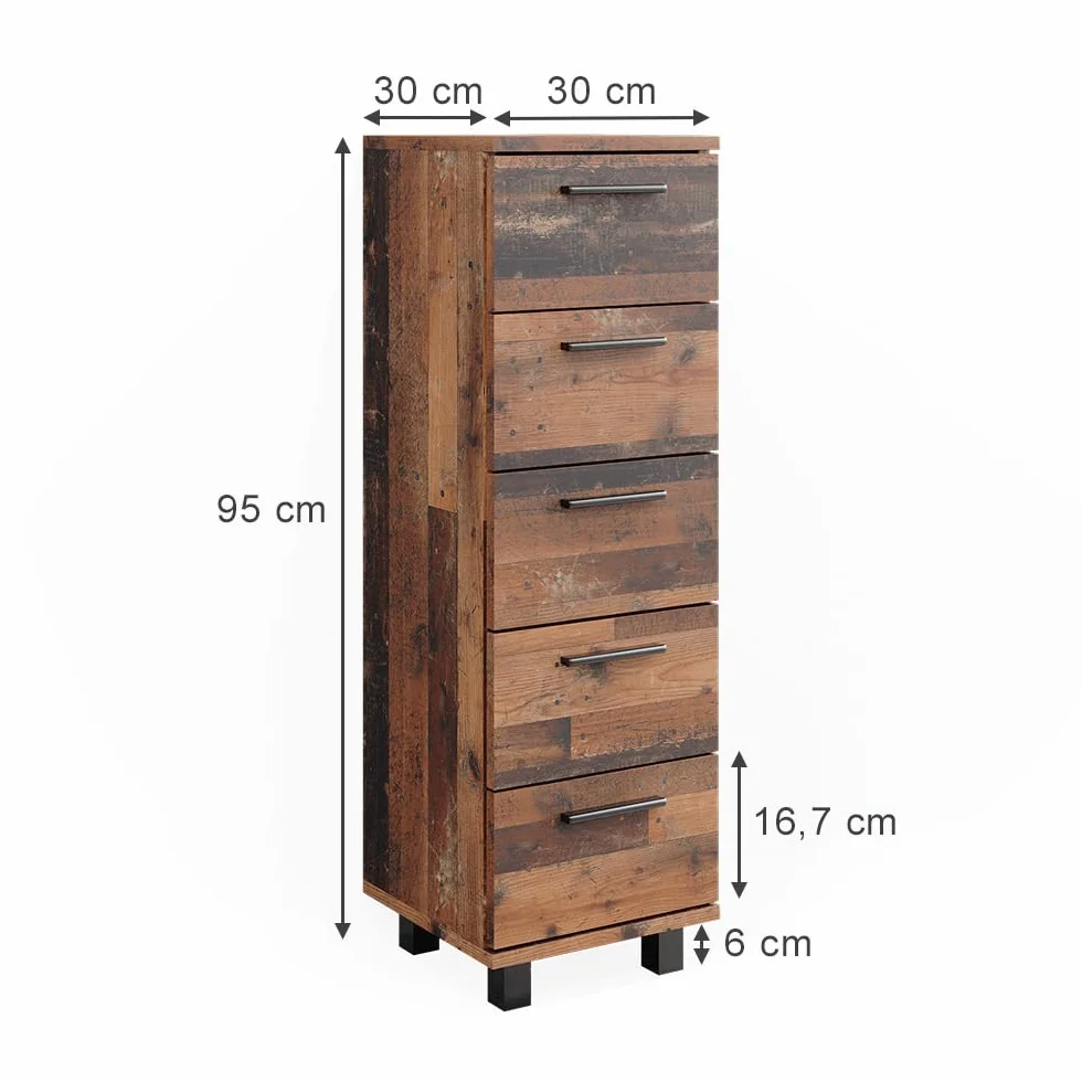 Vicco Szafka Midi "Ilias", Rustykalny dąb, 30 x 95 cm z 5 szufladami