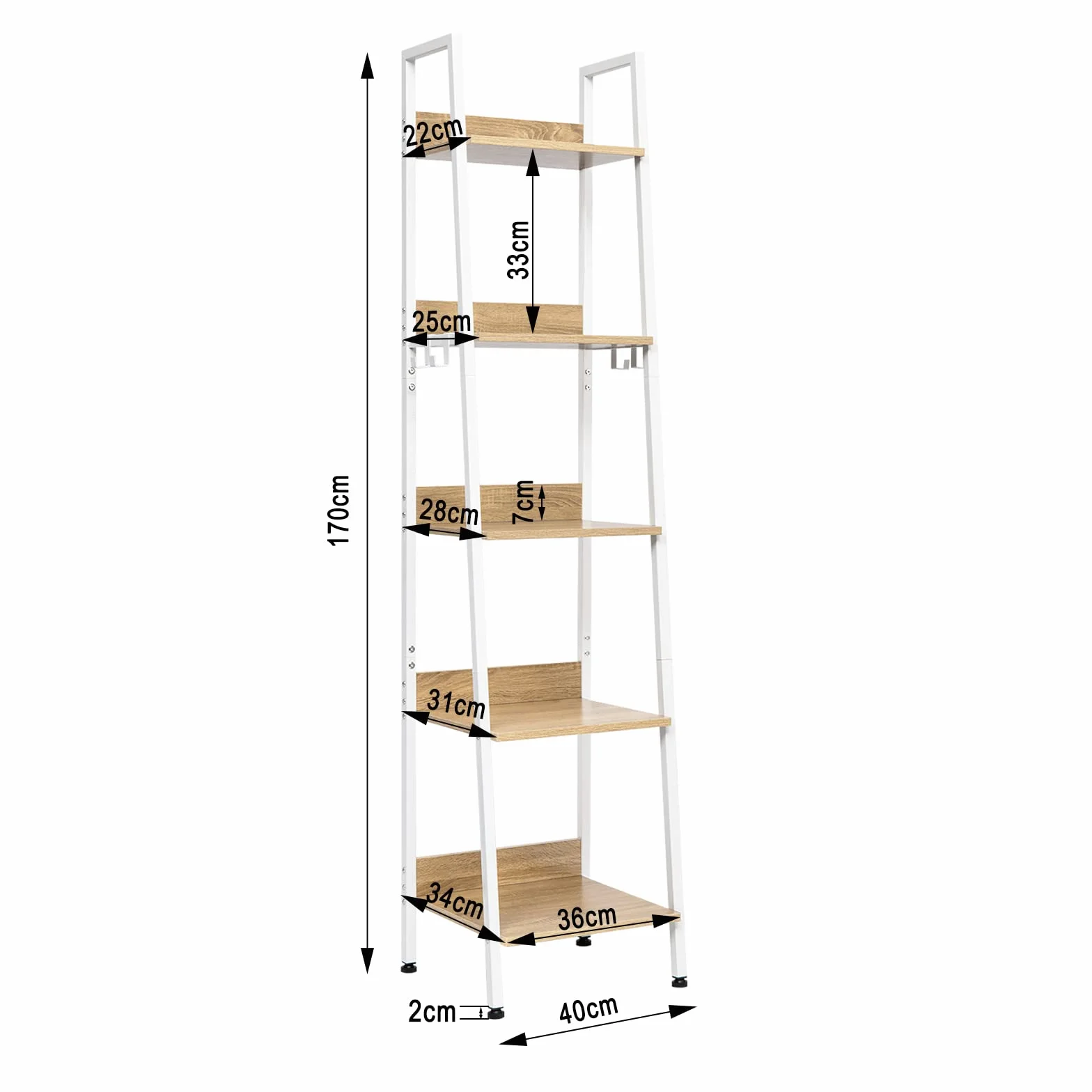 WOLTU Regał przemysłowy z 5 półkami, z 4 haczykami, MDF i metalowy regał drabinkowy, do salonu, kuchni, gabinetu, biura, biała rama, 40 x 36 x 170 cm, RGB9289whe