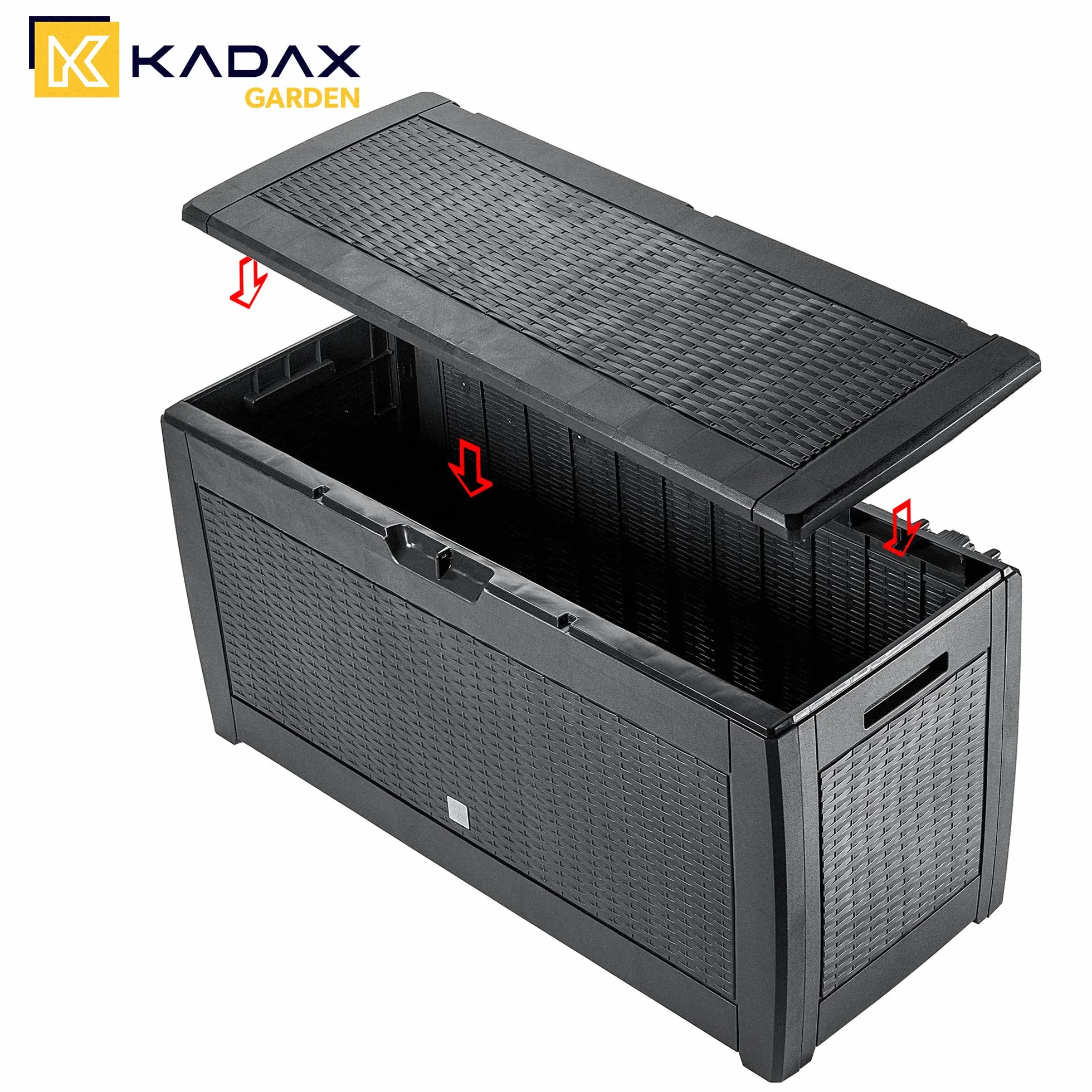 KADAX Skrzynia ogrodowa 310 l, 119x48x60 cm, antracyt, odporna na pogodę, na poduszki, zabawki i podkładki na siedziska, porządek na tarasie i w ogrodzie