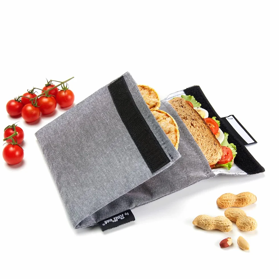 Roll'eat ® Torba na przekąski wielokrotnego użytku | Pojemnik na przekąski dla dzieci | Przyjazna dla środowiska torba na żywność | Torba wielokrotnego użytku do przechowywania przekąsek | Szary kolor