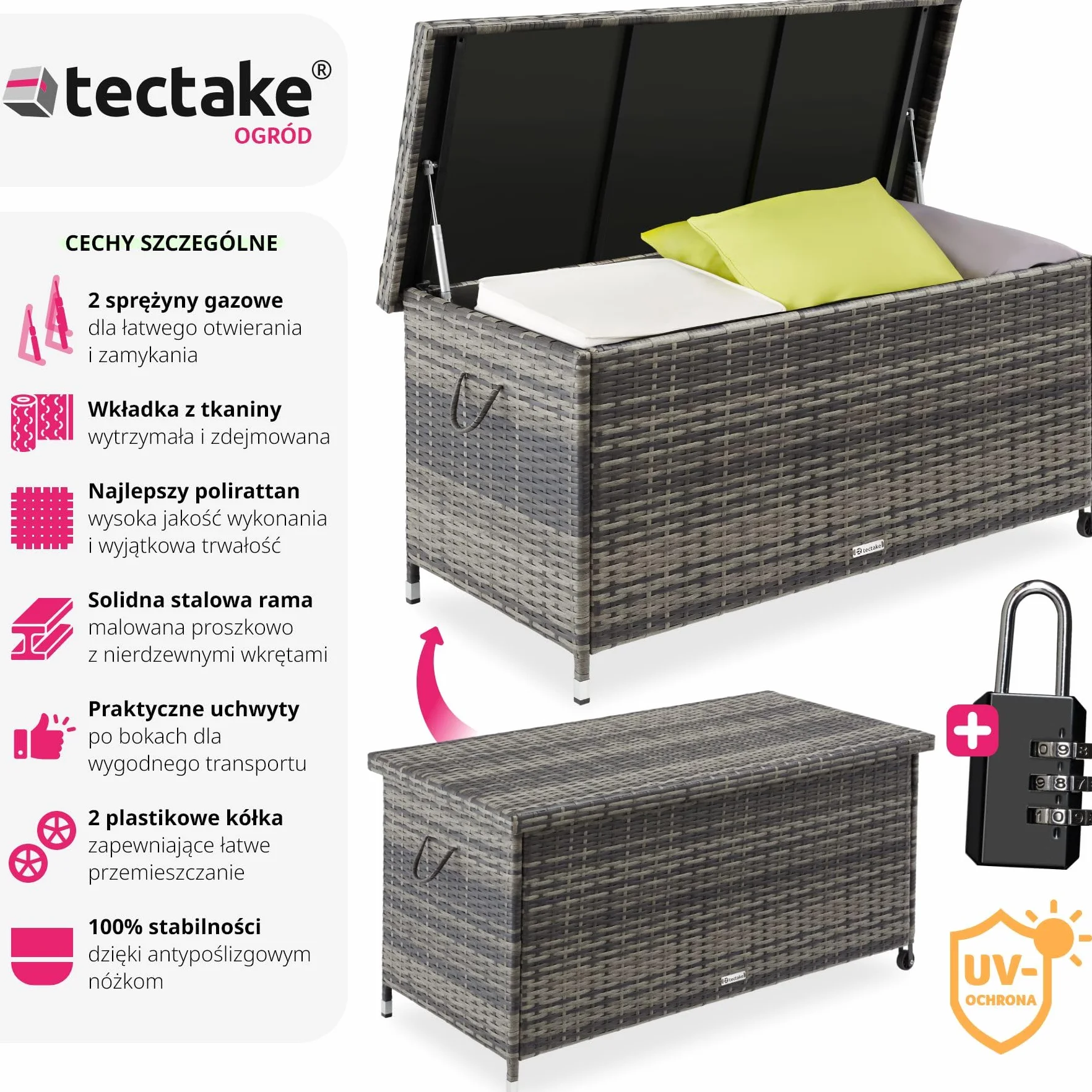 tectake® Uniwersalna Skrzynia Ogrodowa, Duża Pojemność 297l, 117x54x64cm, Trwała Plecionka z Polirattanu, Wytrzymała Rama z Aluminium, Wzmocniona Pokrywa z Systemem Sprężyny Gazowej (Szary)