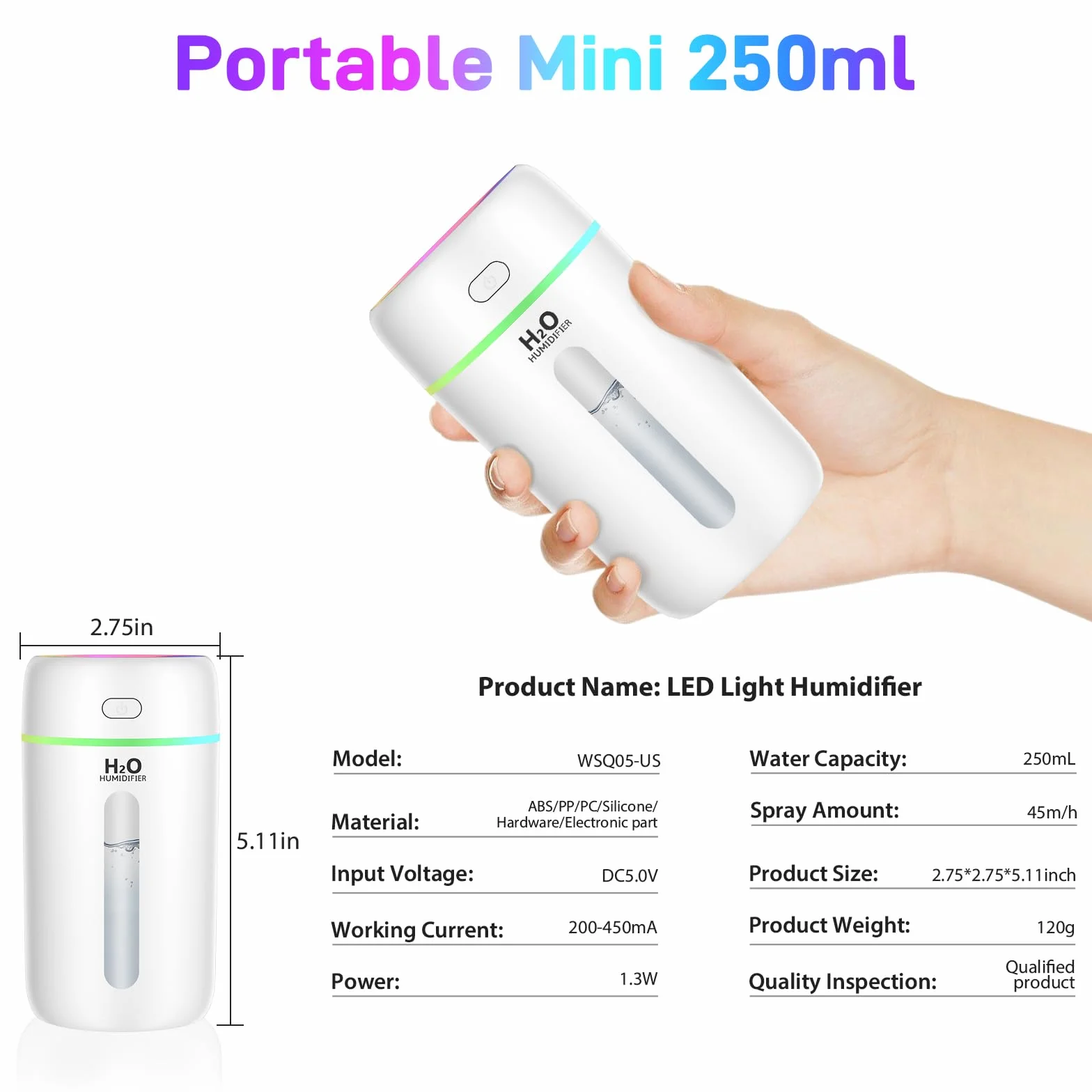 Kissleaf Mini nawilżacz powietrza 250 ml 7 kolorów światła 28 dB USB-C cichy