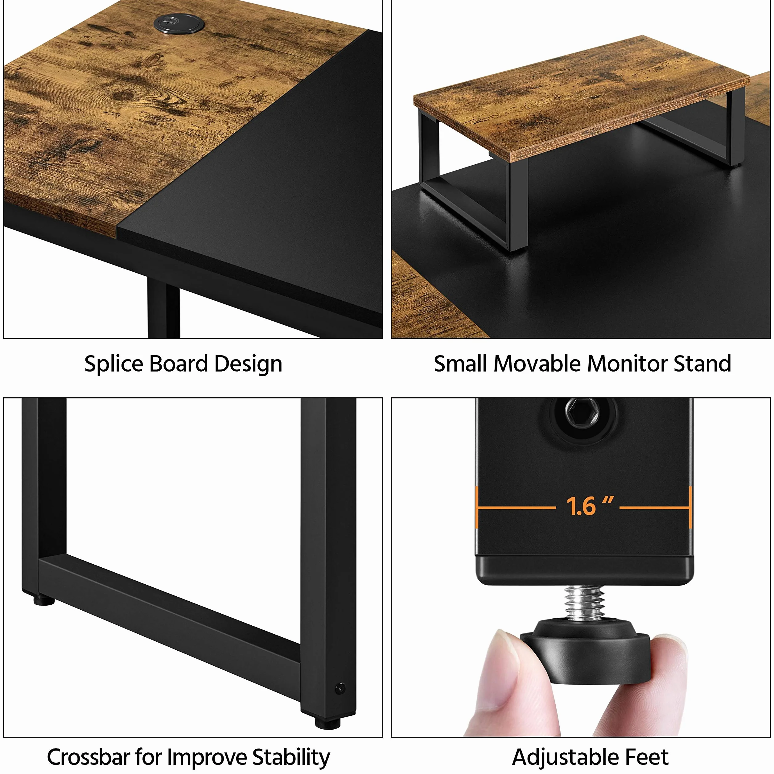 YaheetechStół Monitorowa Podstawka Biurko z 2 Oczkami Na Kable/Hak Rustykalny Brązowy 140x60x89cm
