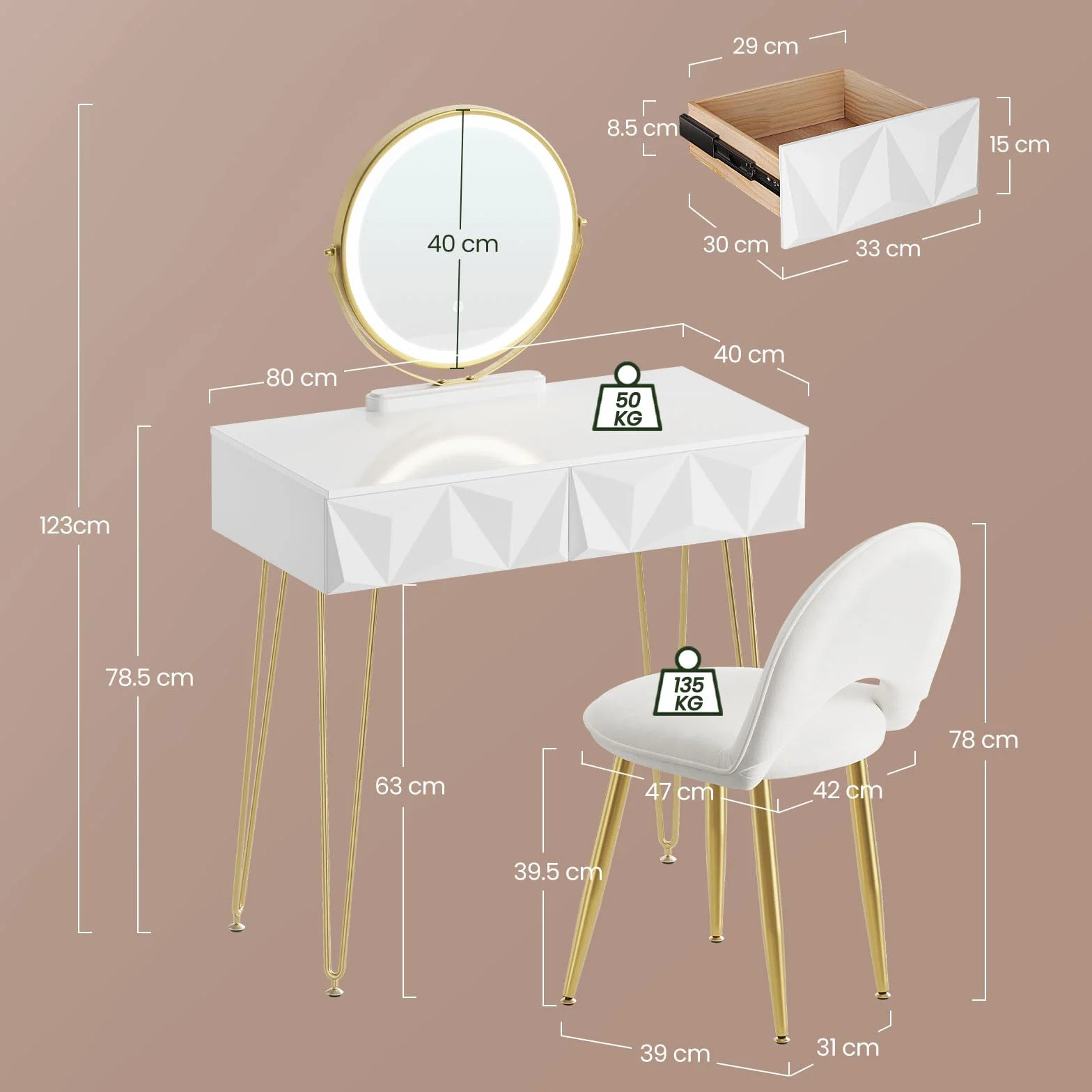 EUGAD 0056SZT Toaletka z oświetleniem LED w 3 kolorach światła, tapicerowane aksamitne krzesło, toaletka z 2 szufladami z litego drewna, z efektem 3D, lustro obracane o 360°, kolor biały + złoty
