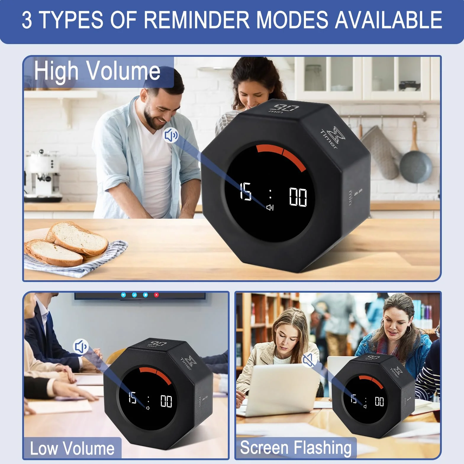 Timer kostkowy ośmiokątny Pomodoro 1-90 minut odliczanie LCD regulowany alarm czarny