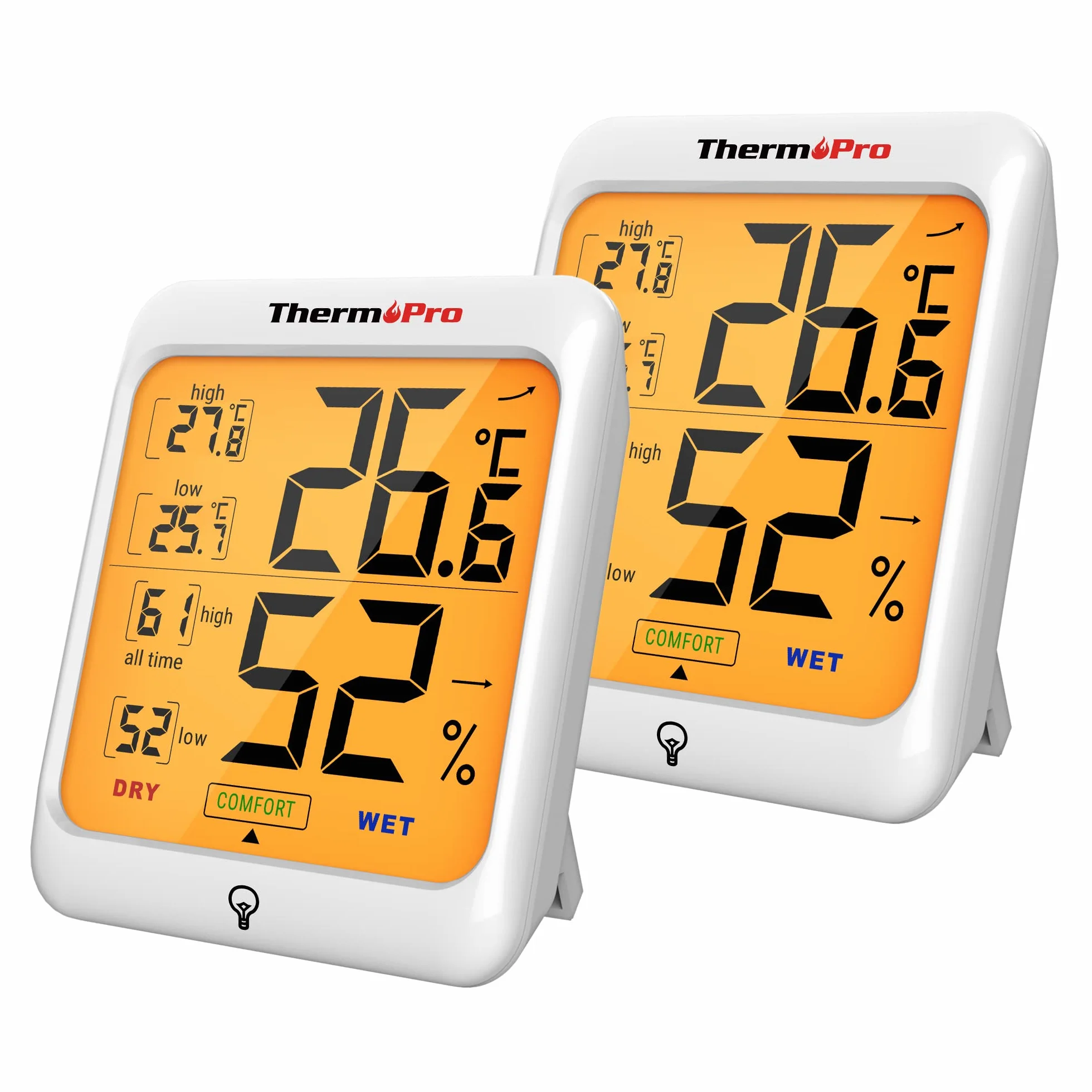 ThermoPro TP53 Zestaw 2 higrometrów, wskaźnik wilgotności w pomieszczeniu, pomiar temperatury i wilgotności, termometr pokojowy z podświetleniem, termometr dla gadów z dużym wyświetlaczem