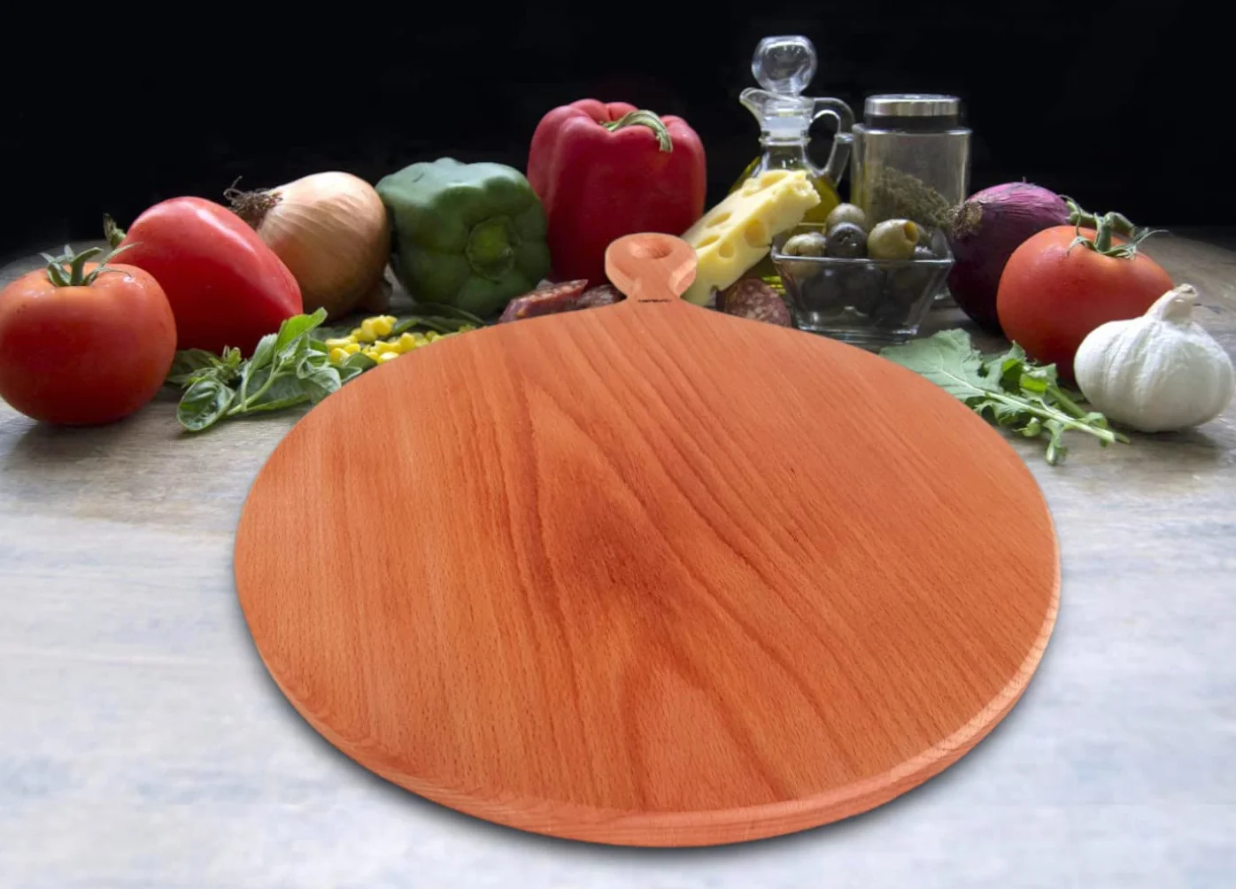 Drewniana Deska do Pizzy Okrągła | Drewniana Taca do Pizzy z Uchwytem, dwustronna Deska do Krojenia z Rowkiem na Sok, Deska do Serwowania 40x30x1,5 cm - Made in EU