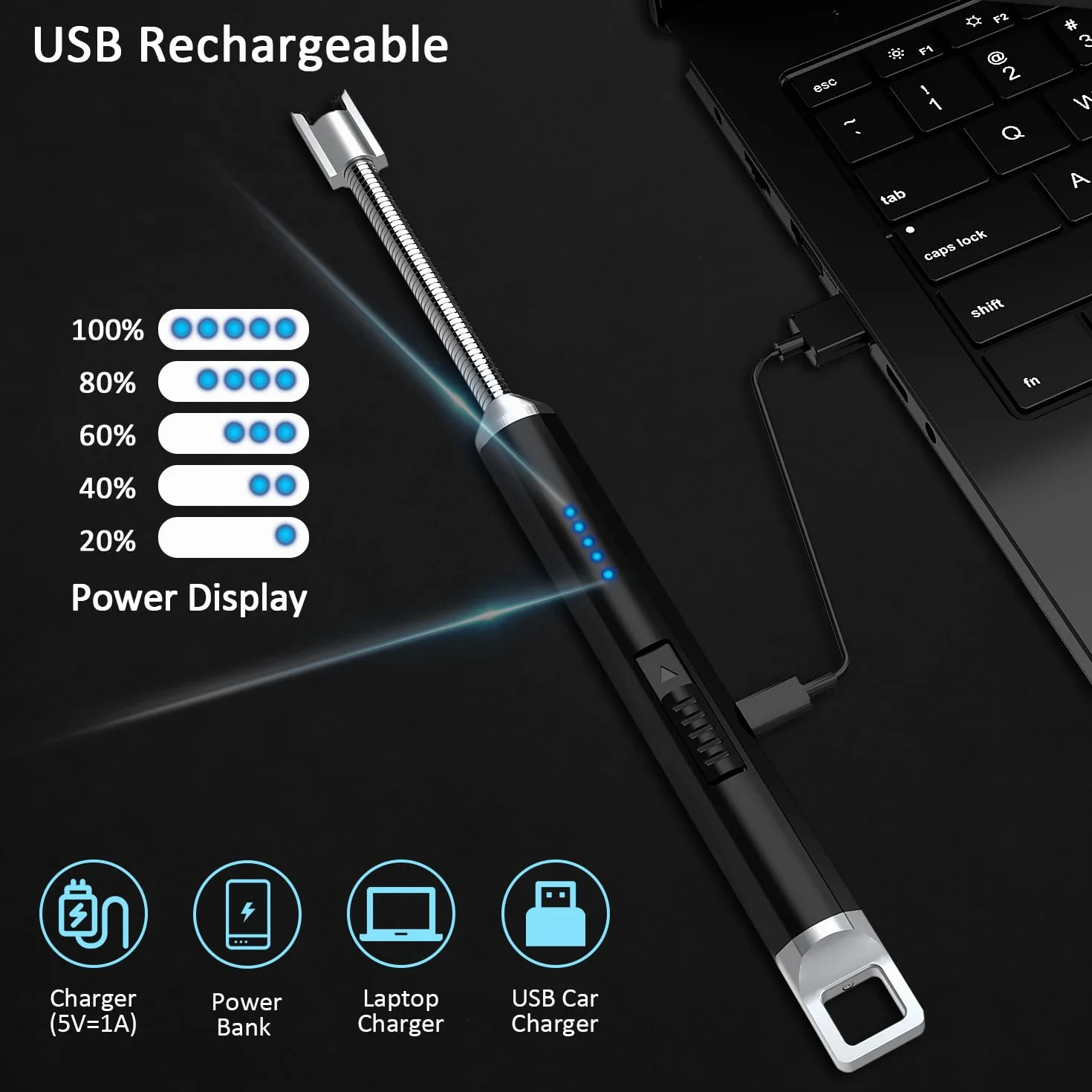 Zapalniczka łukowa, na USB, akumulatorowa, zapalniczka elektryczna, wiatroodporna, bezpłomieniowa, elektroniczna, do zapalania świec, kuchenek gazowych, kuchni (czarna)