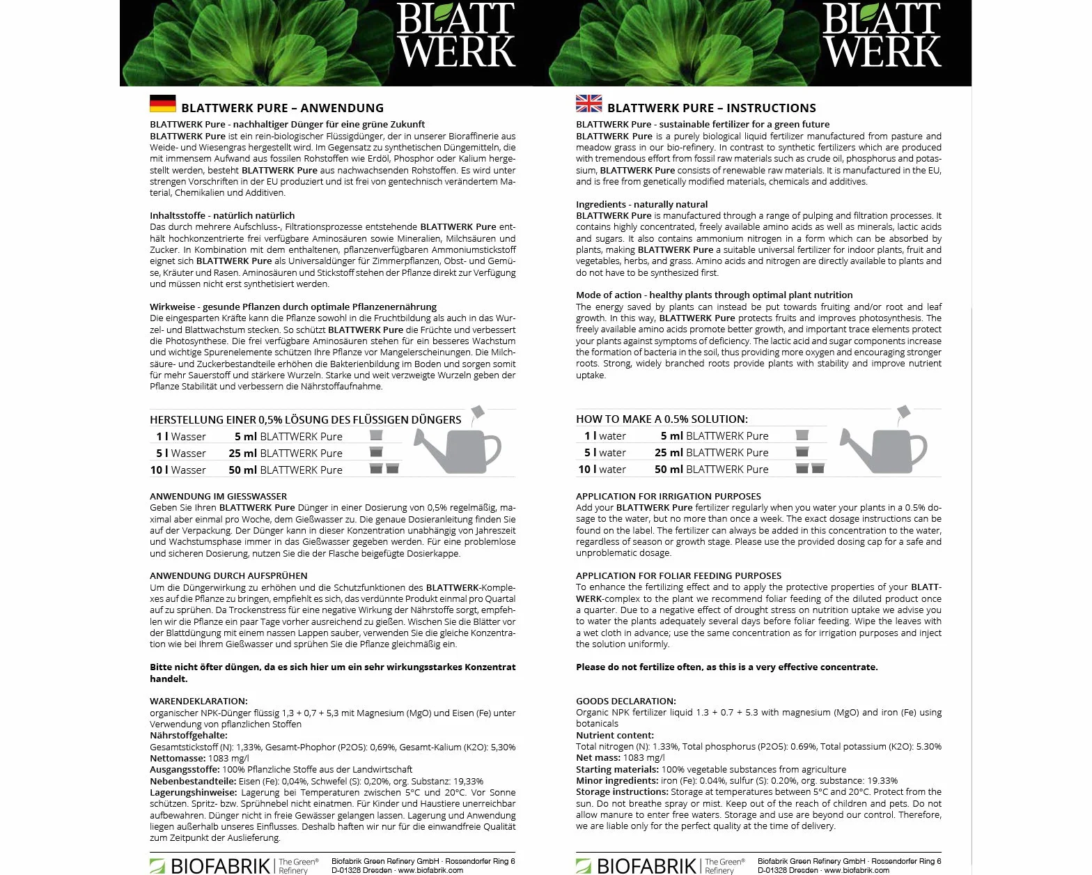 BLATTWERK Pure Bio uniwersalny nawóz płynny do roślin pokojowych, roślin kwitnących, trawników, owoców i warzyw – NPK nawóz do warzyw, pomidorów, nawóz do trawnika, nawóz do kwiatów, płynny nawóz bio