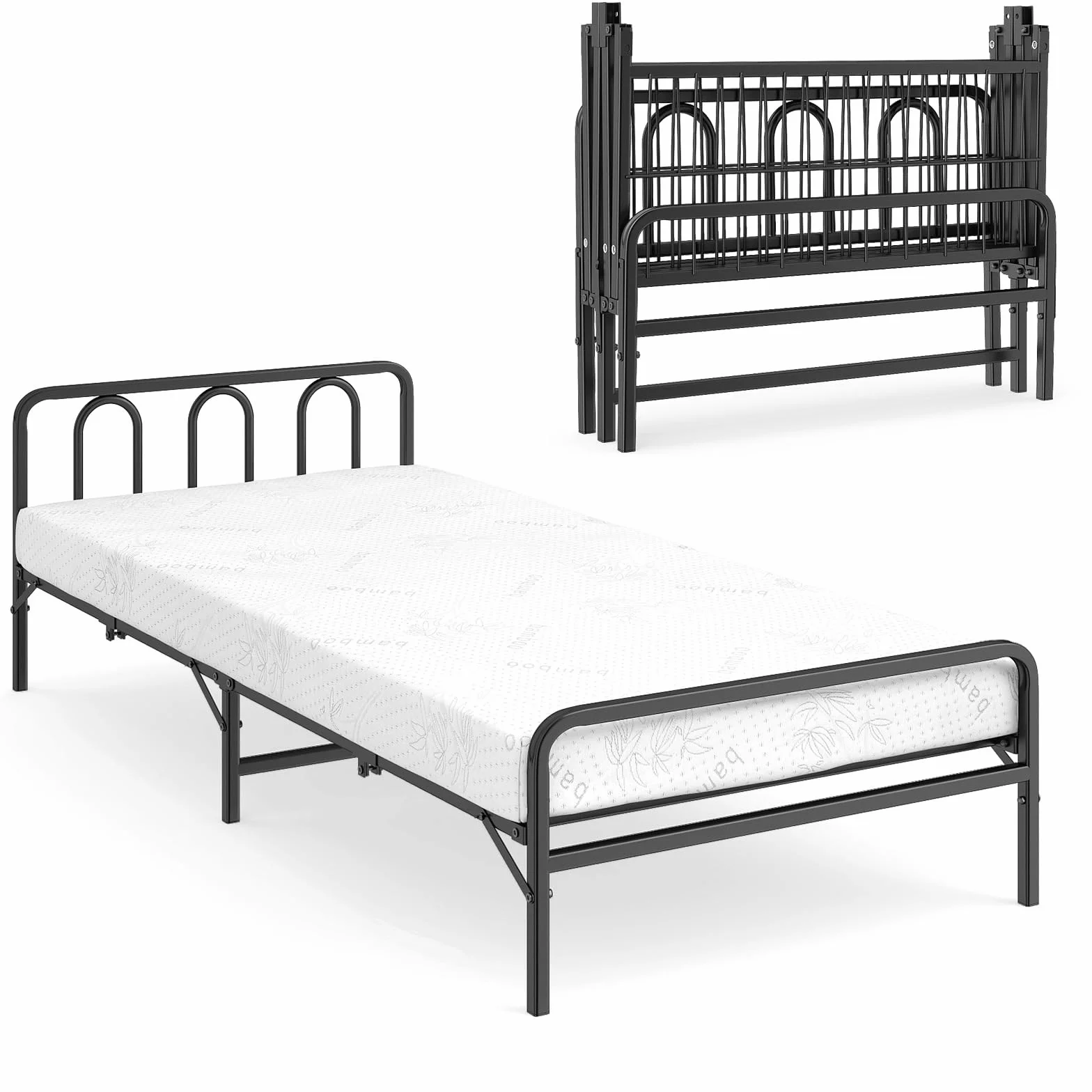 GIANTEX Łóżko składane 90 x 200 cm, dla dorosłych, łóżko dla gości, metalowa rama łóżka z materacem i stelażem, pojedyncze łóżko z zagłówkiem, składana rama łóżka z platformą, do domu, biura
