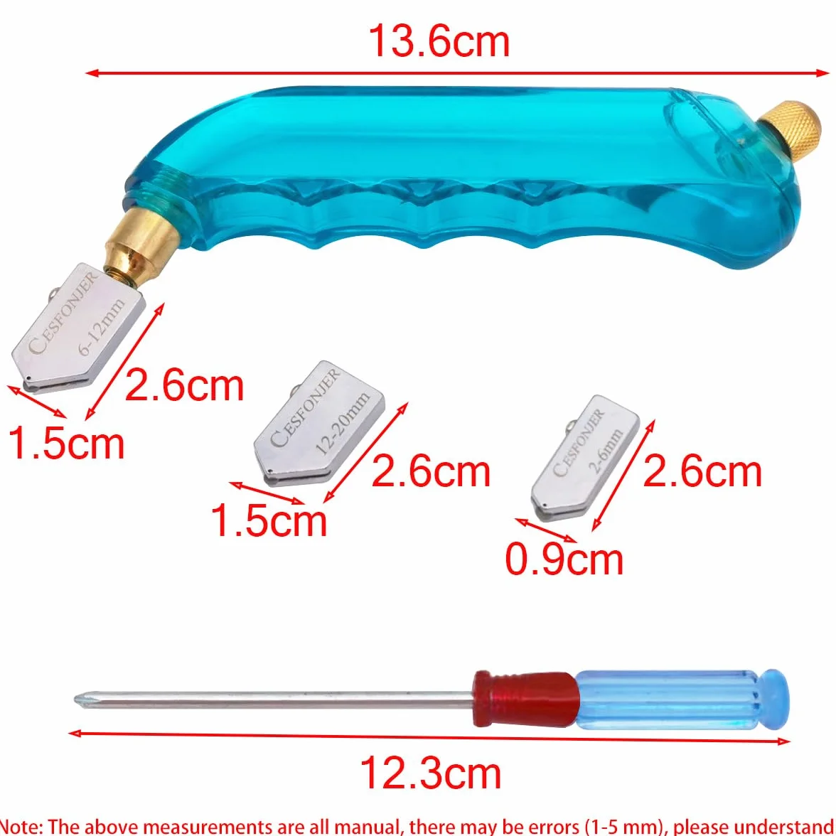 CESFONJER Profesjonalny mocny narzędziowy szczypcowy cięciak do szkła z dodatkową wymienną głowicą i zbiornikiem na olej – 2 mm-6 mm / 6 mm-12 mm / 12 mm-20 mm.
