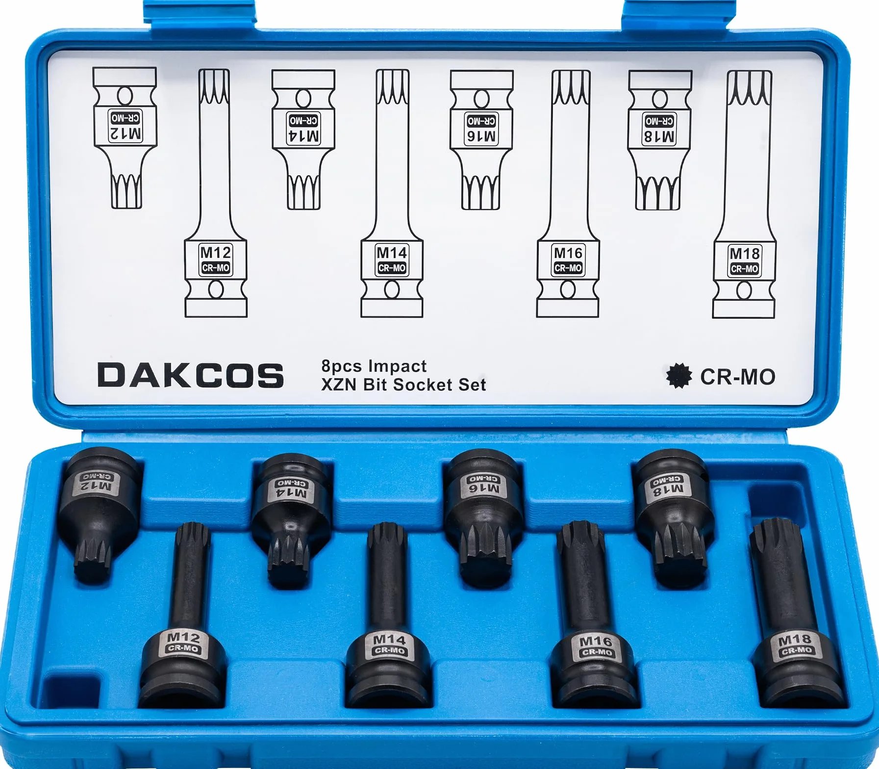 DAKCOS M12 M14 M16 M18 Kraft XZN nasadki udarowe wielozębowe 1/2", 8-częściowy zestaw kluczy nasadowych z wieloma zębami CR-MO
