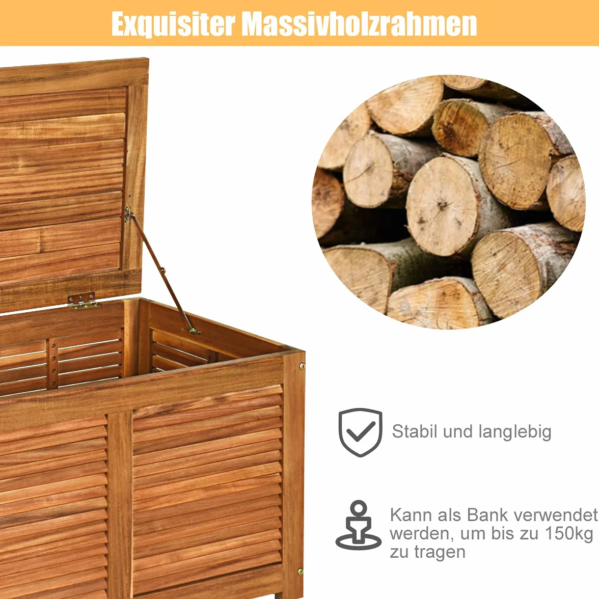 COSTWAY Skrzynka ogrodowa, drewno akacjowe, skrzynia do przechowywania o pojemności 179 l, pudełko do przechowywania, skrzynia na poduszki, na balkon, 120 x 45 x 45 cm