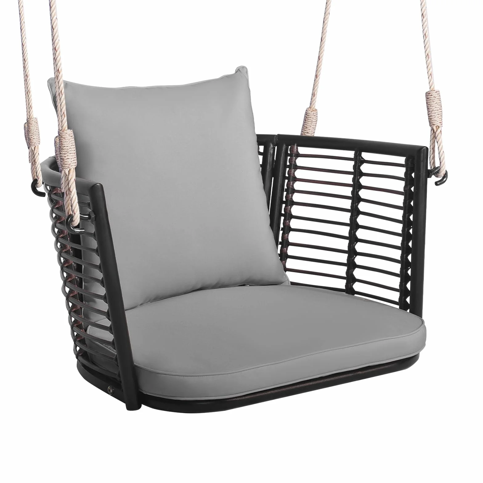 COSTWAY Fotel wiszący, rattanowy, obciążenie do 180 kg, fotel wiszący z poduszkami, metalową ramą i linami wiszącymi, fotel bujany, na werandę, do ogrodu, na podwórko (kolor szary)