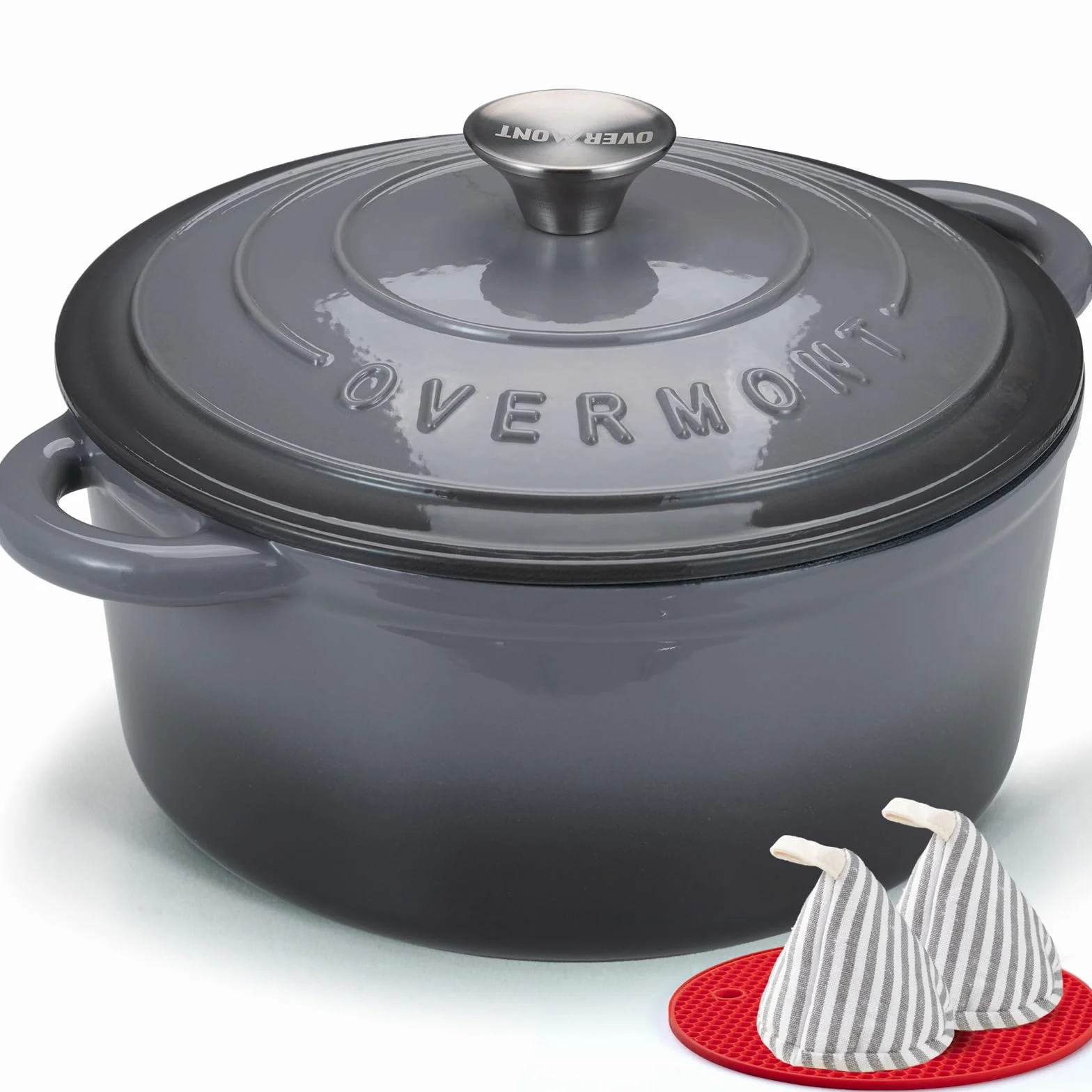 Overmont Garnek emaliowany żeliwny - garnek do duszenia 28 cm nadaje się do piekarnika - z pokrywką i książką kucharską - do kuchni, pieczenia, duszenia, smażenia, szarości