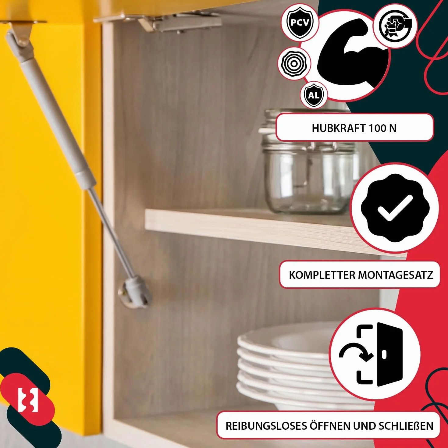 KOTARBAU® Zestaw 2 łączników klapy, sprężyna gazowa 100 N, amortyzatory mebli, sprężyna gazowa do szafki kuchennej, tłumik drzwi szafki, tłumik drzwi, tłumik drzwiowy, srebrny gazowy amortyzator