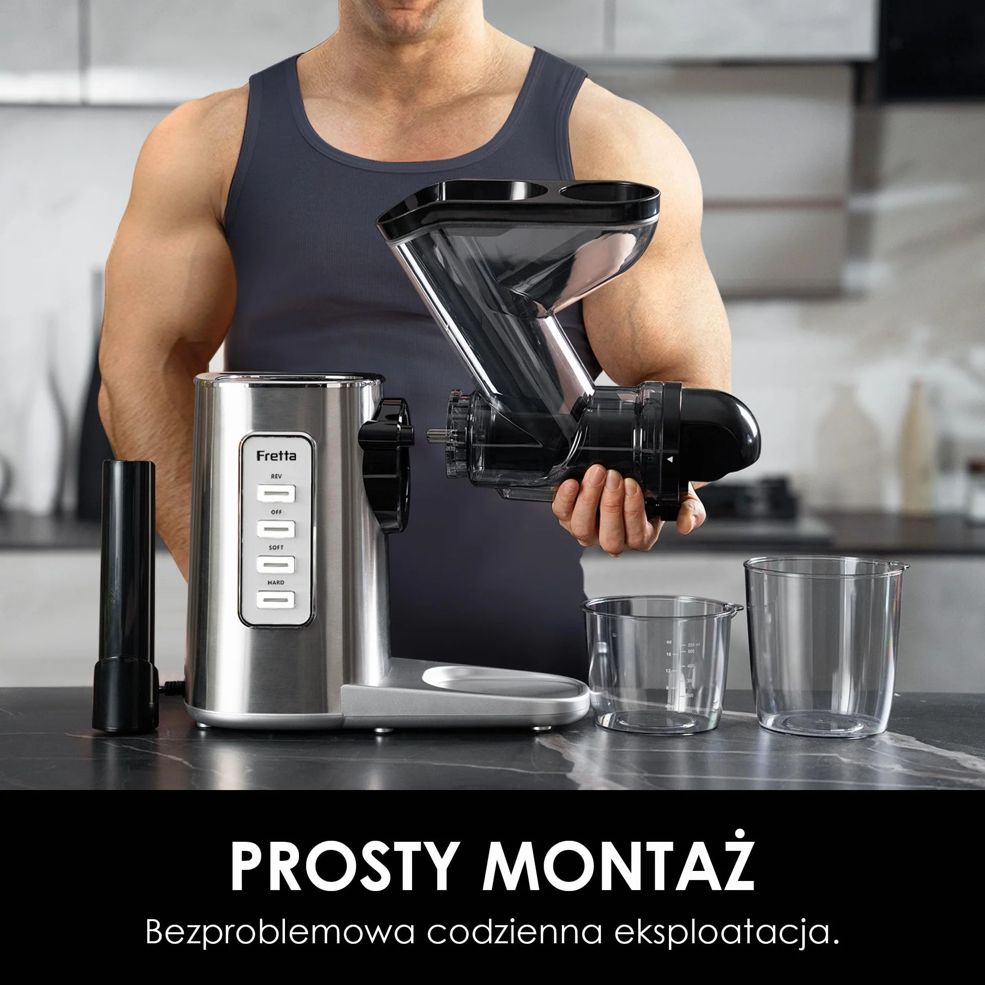 Fretta Wyciskarka Wolnoobrotowa Cold Press Stal Nierdzewna 200W Szeroki Otwór 76mm Bez BPA