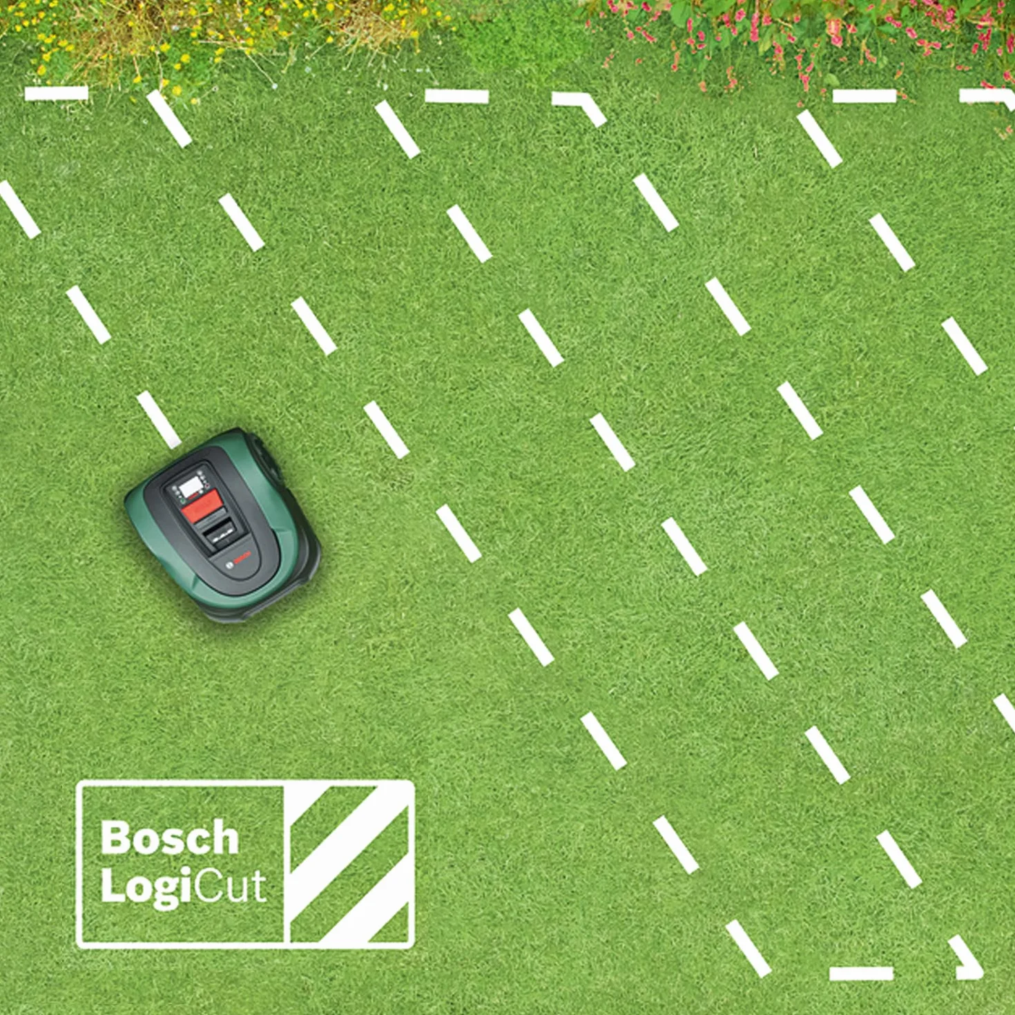 Bosch Home and Garden automatyczna kosiarka trawnikowa Indego S+ 500 (z akum. 18V i funkcją aplikacji, stacja ładująca w zestawie, szer. koszenia 19cm, do trawników o powierzchni do 500m², w kartonie)
