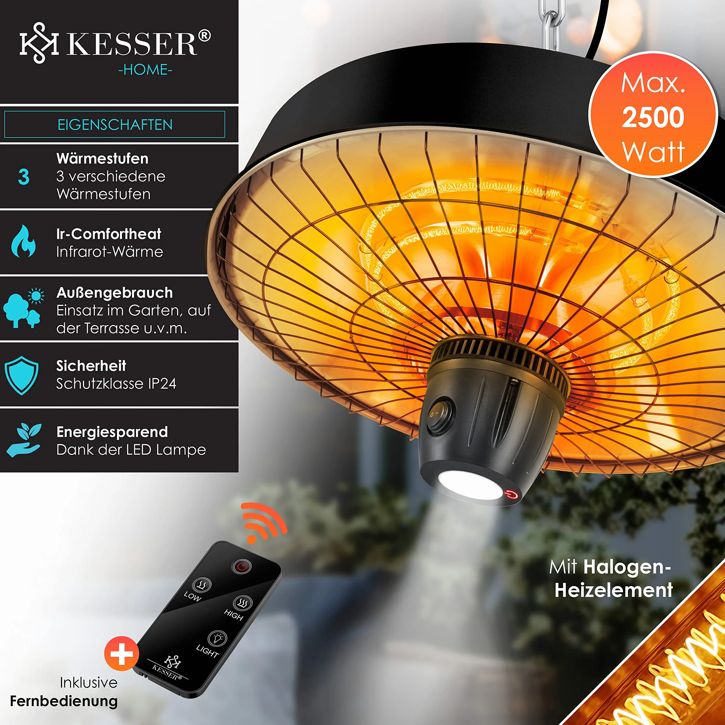 KESSER® Grzejnik sufitowy na podczerwień, 2500 W, promiennik tarasowy, z pilotem zdalnego sterowania, kwarcowy, światło LED, sufit, z łańcuszkiem i karabińczykiem, element grzejny z włókna węglowego