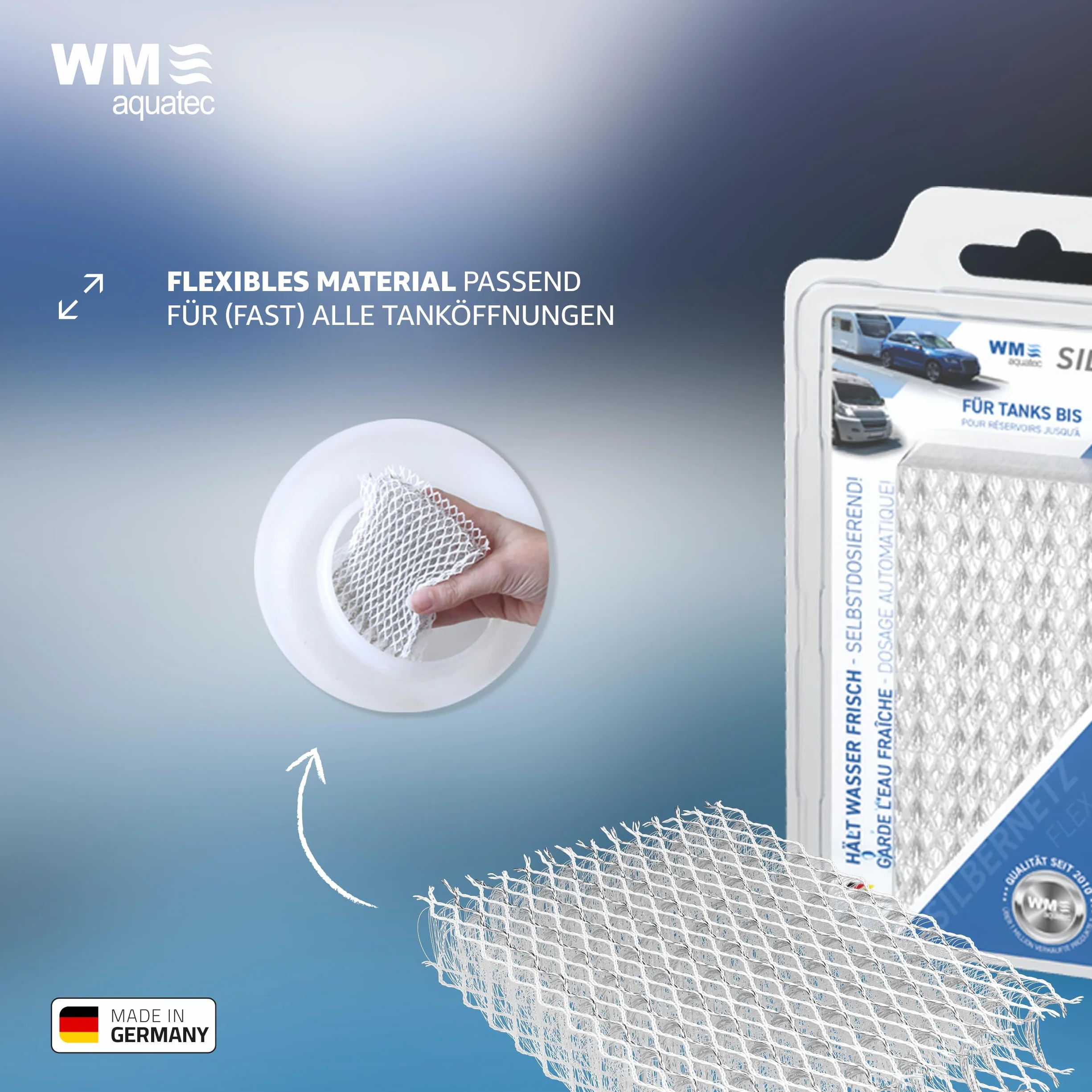 WM aquatec – Srebrna siatka do konserwowania wody do zbiorników na wodę do 30 litrów – konserwuje łącznie 3500 litrów wody dzięki automatycznemu dozowaniu jonów srebra – Made in Germany