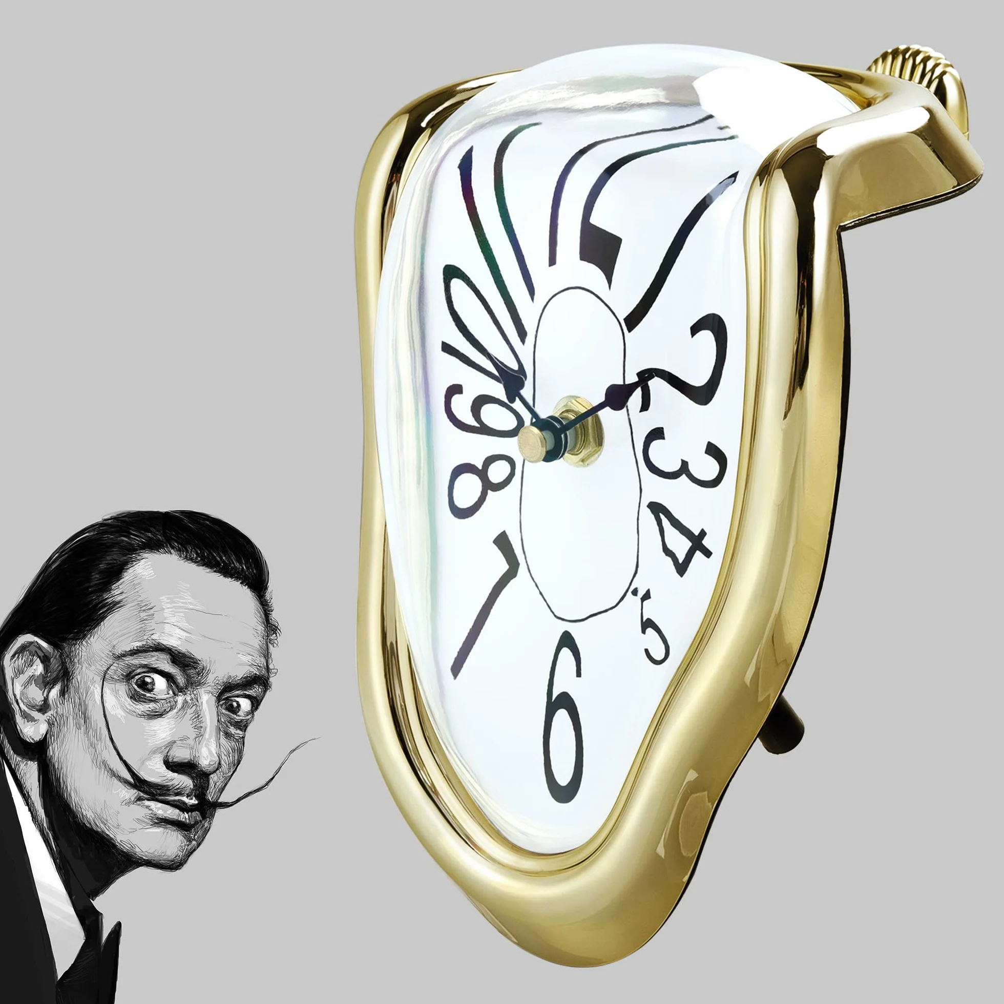 Lafocuse Bezgłośny zegarek Salvador Dali złoty, stopiony zegar bez odgłosów tykania, nowoczesny zegar stołowy, topiąca się dekoracja na półki, biurko, 18 x 13 x 15 cm