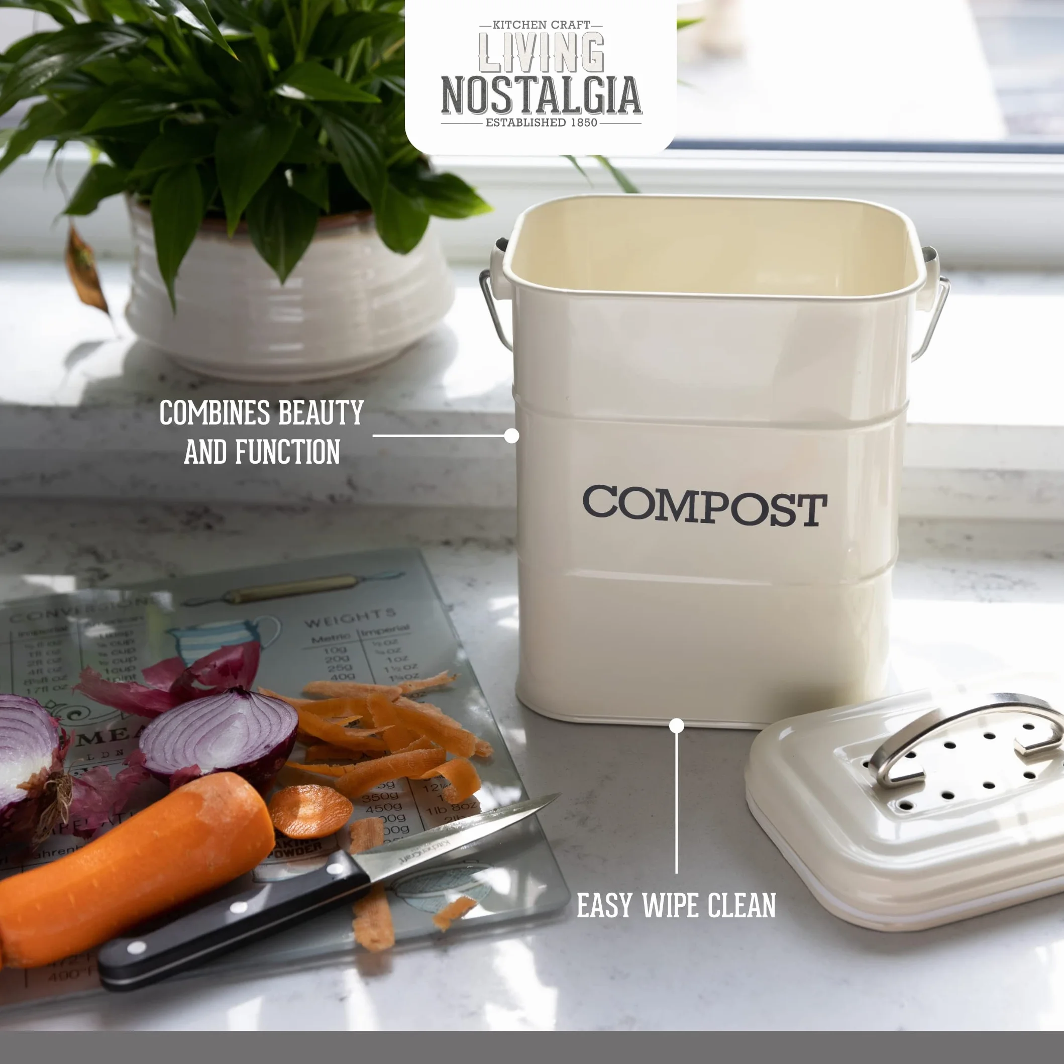 KitchenCraft Living Nostalgia, Kuchenny Kompostownik, Metal, 16,5 × 12 × 24 cm - Kolor Kremowy