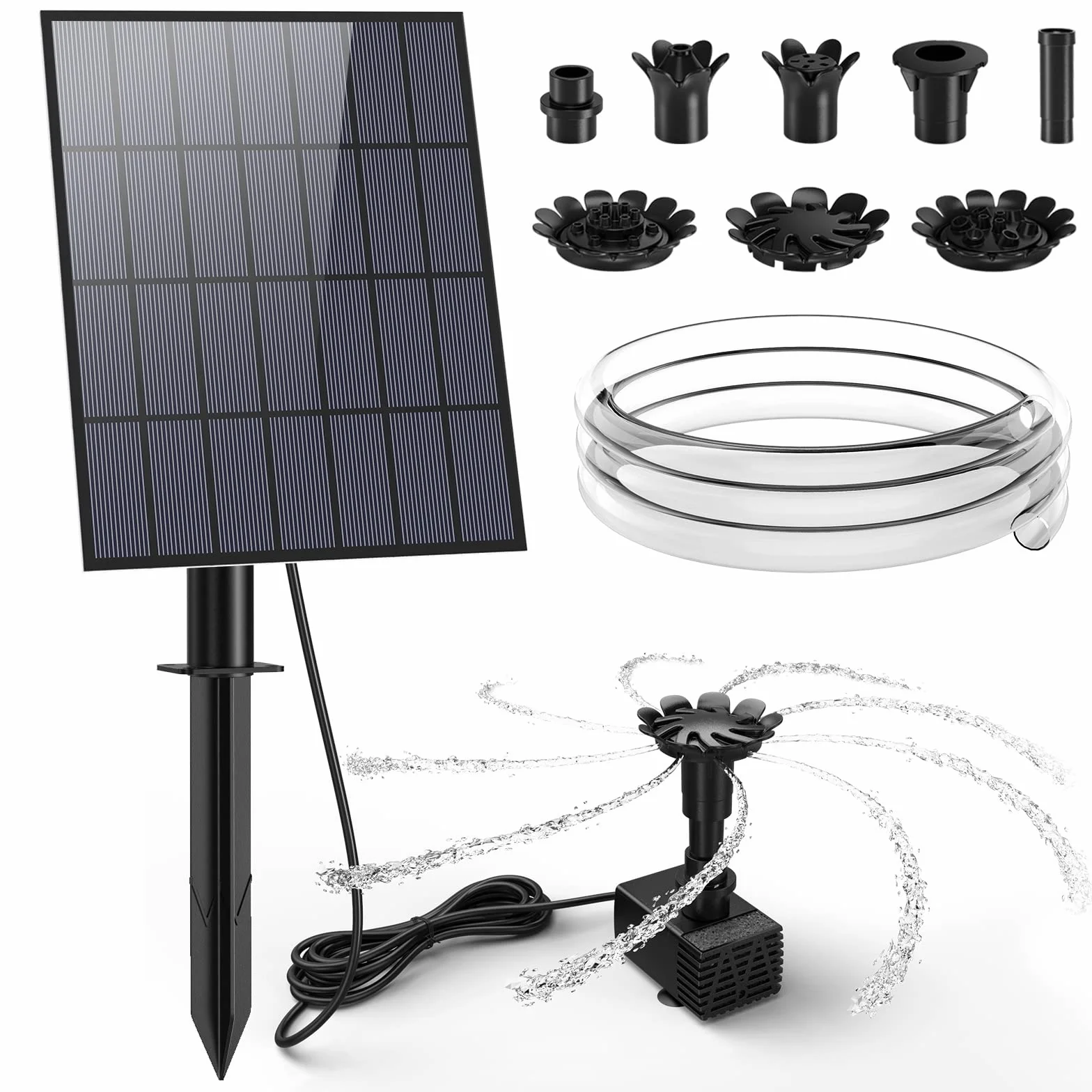 AMZtime Fontanna solarna 3,5 W "zrób to sam" z przewodem wodnym 1,5 m i słupkiem, ulepszona pompa do stawu, fontanna solarna z 17 efektami, solarna pompa wodna, fontanna do stawu ogrodowego, ptaków,
