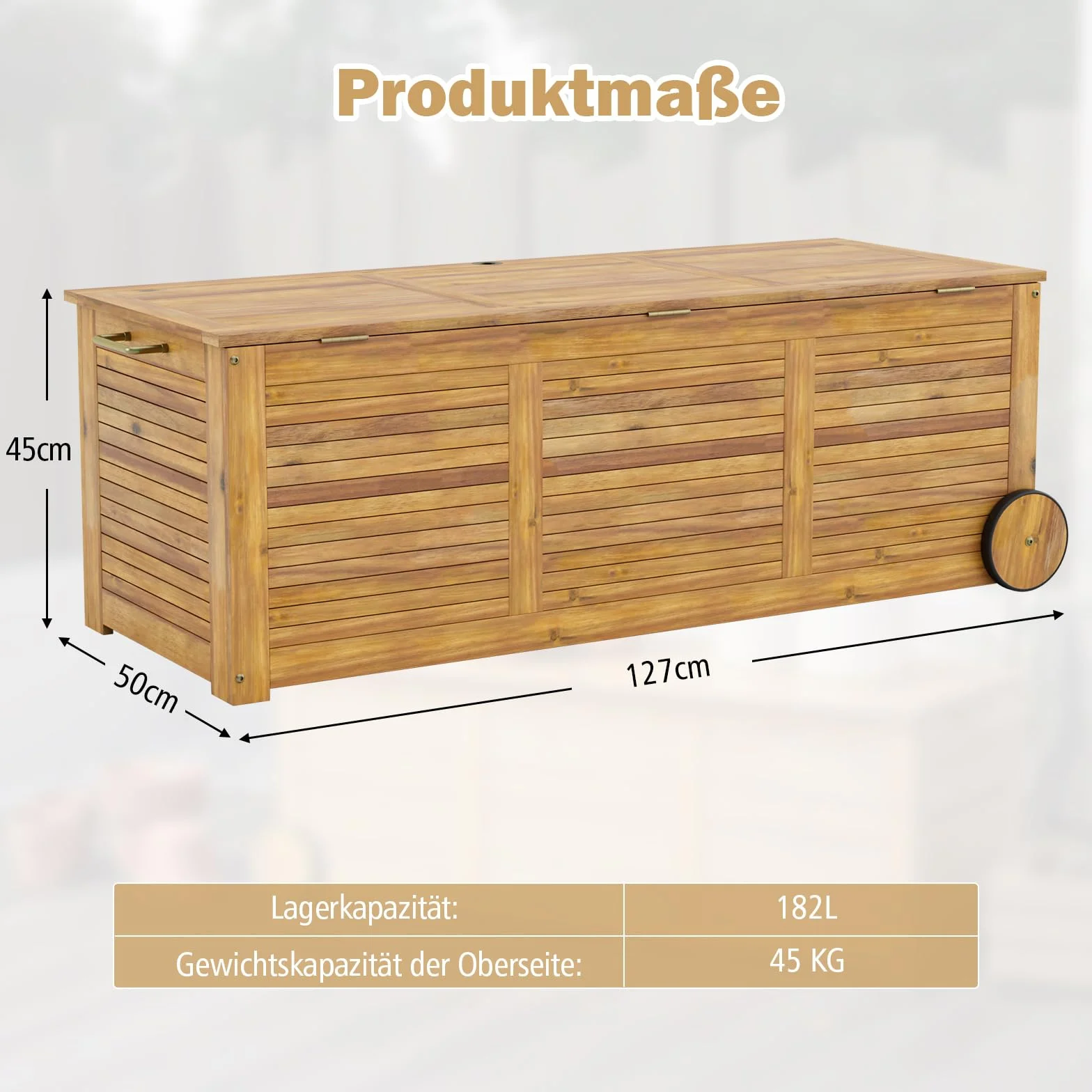 COSTWAY Drewniana skrzynia ogrodowa z rolkami, pudełko do przechowywania z wodoodporną pokrywą 2 w 1 i uchwytem, skrzynia na poduszki, skrzynia ogrodowa na balkon, do ogrodu, 127 x 50 x 45 cm