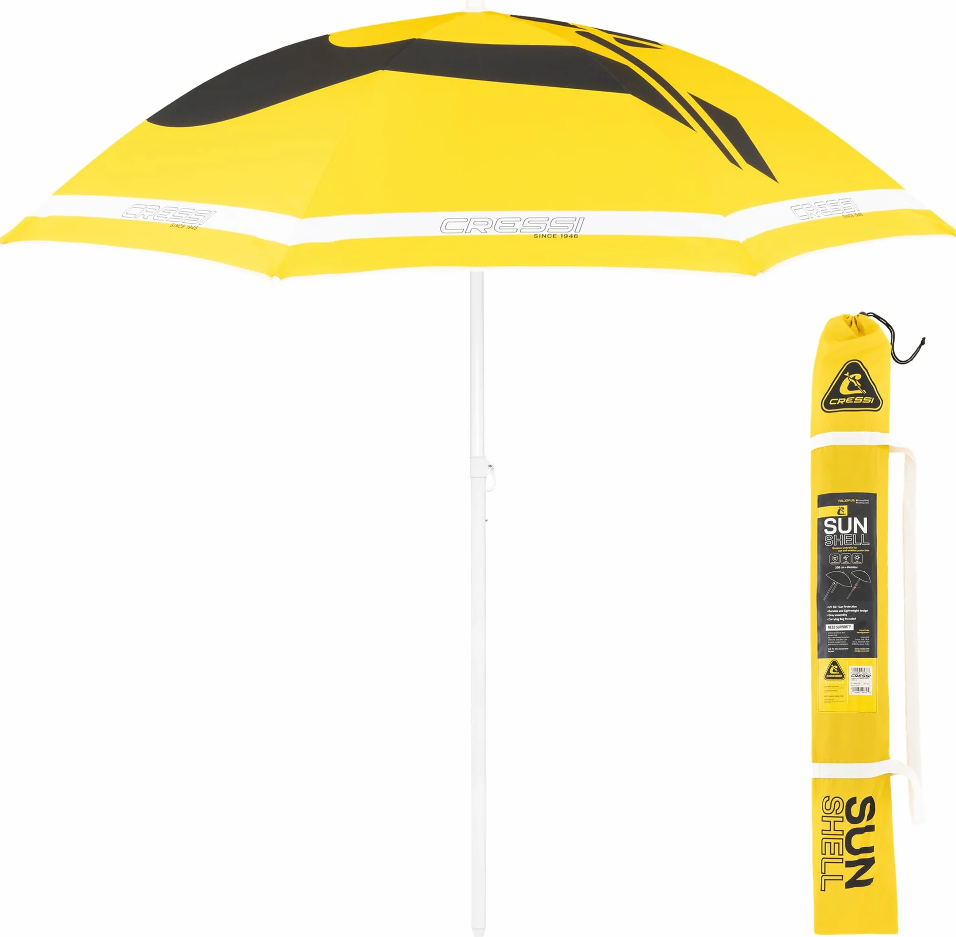 CRESSI Sunshell Umbrella Yellow/Black/White - Lightweight and Portable Outdoor Parasol, for Protection from the Sun and Bad Weather, Ø 200cm, Unisex