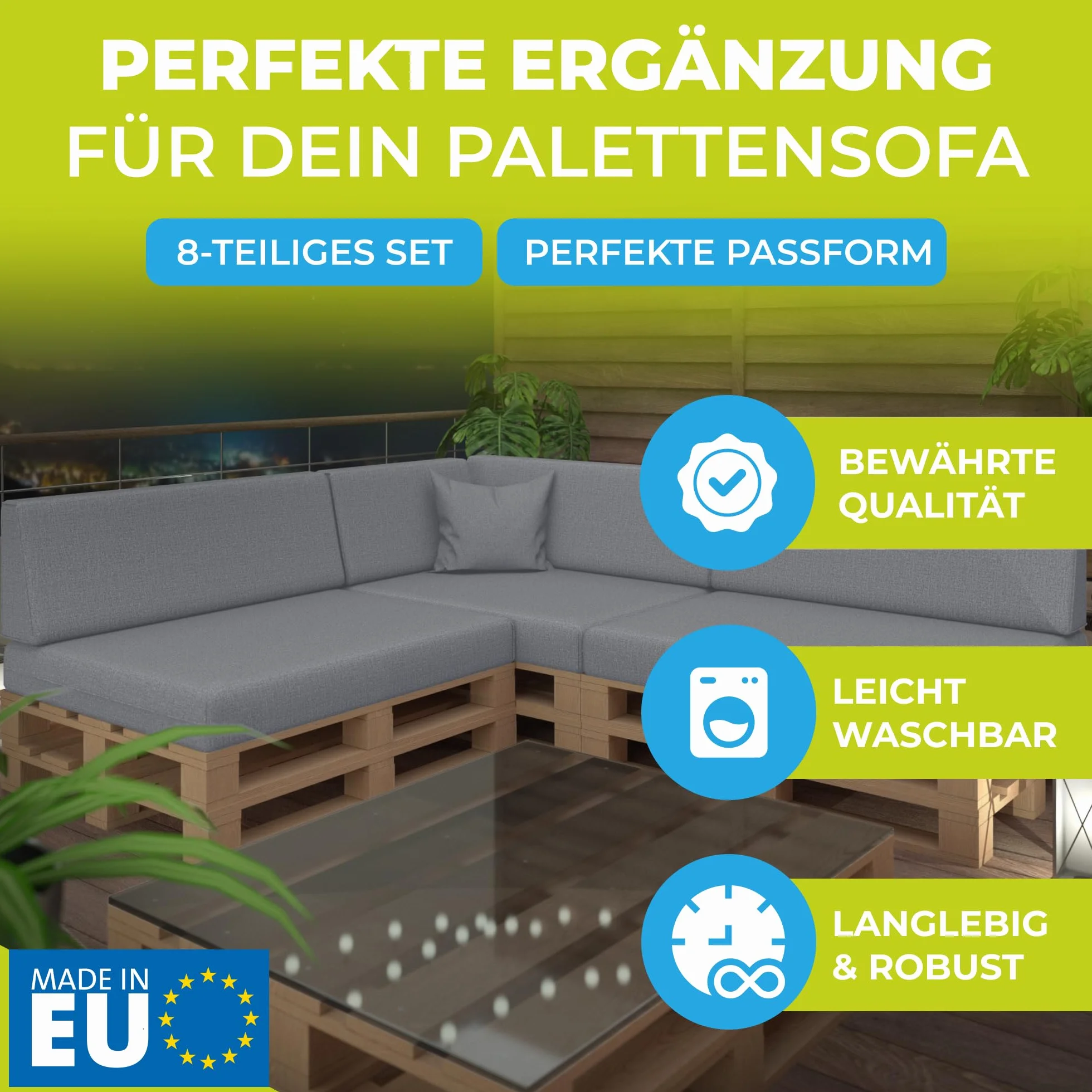 Zestaw 8 poduszek na palety | Siedziska i oparcia do mebli z europalet | Do ogrodu i wnętrz | Wodoodporne, z ochroną UV | Wyprodukowane w Polsce | Cappuccino