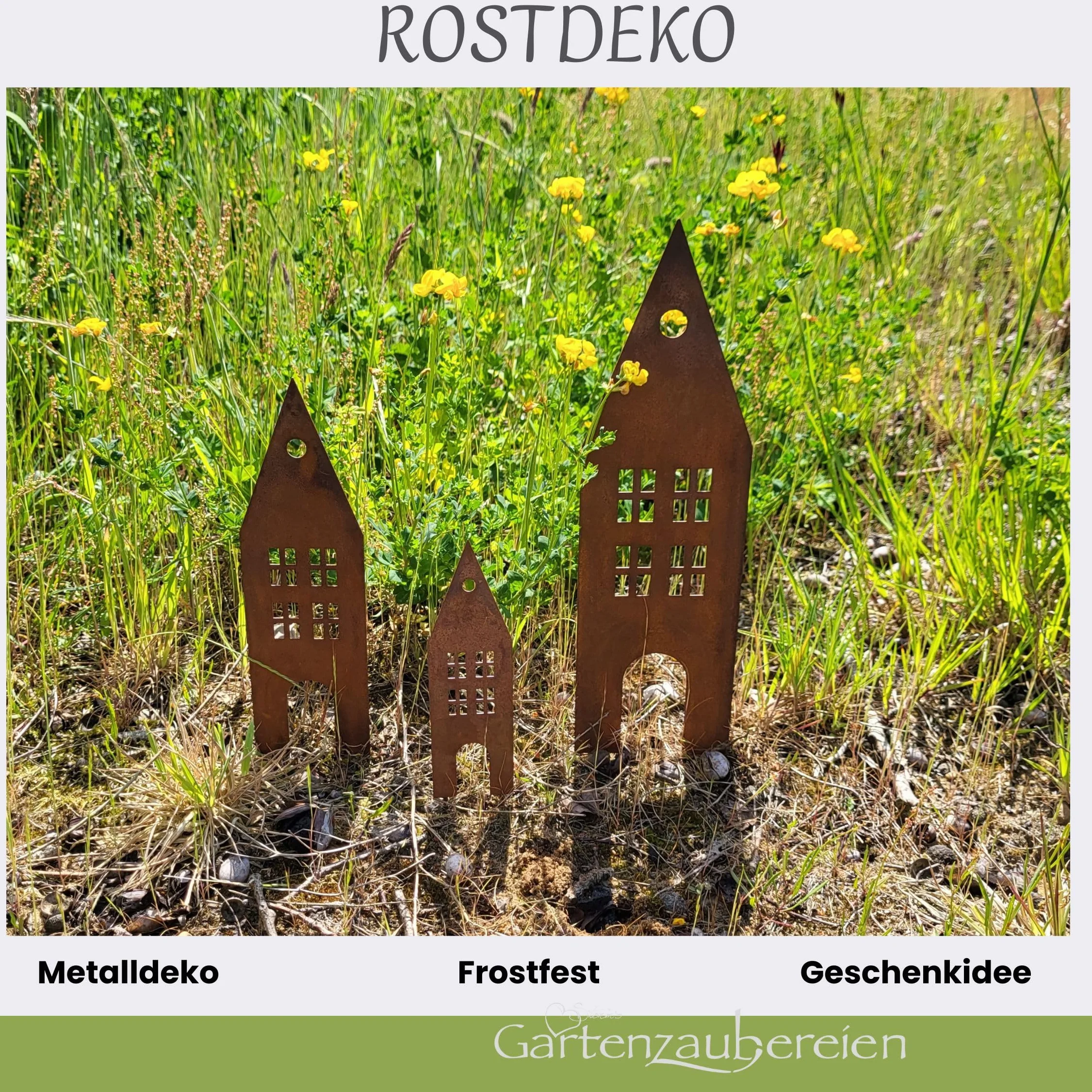 Storm's Gartenzaubereien Dekoracja - domek do wtykania w stylu rdzy, zestaw 3 sztuk, metal, nowoczesny, brązowy, zielony