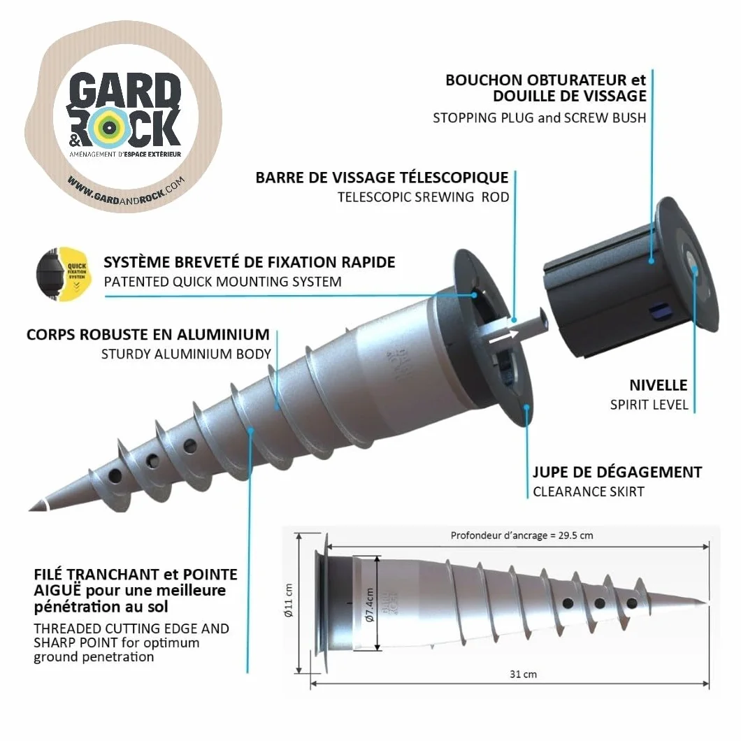 GARD & ROCK - PODSTAWA ŚRUBOWA z aluminium, zrównana z podłożem - Do przykręcenia lub zakotwienia w każdego rodzaju podłożu - System szybkiego mocowania