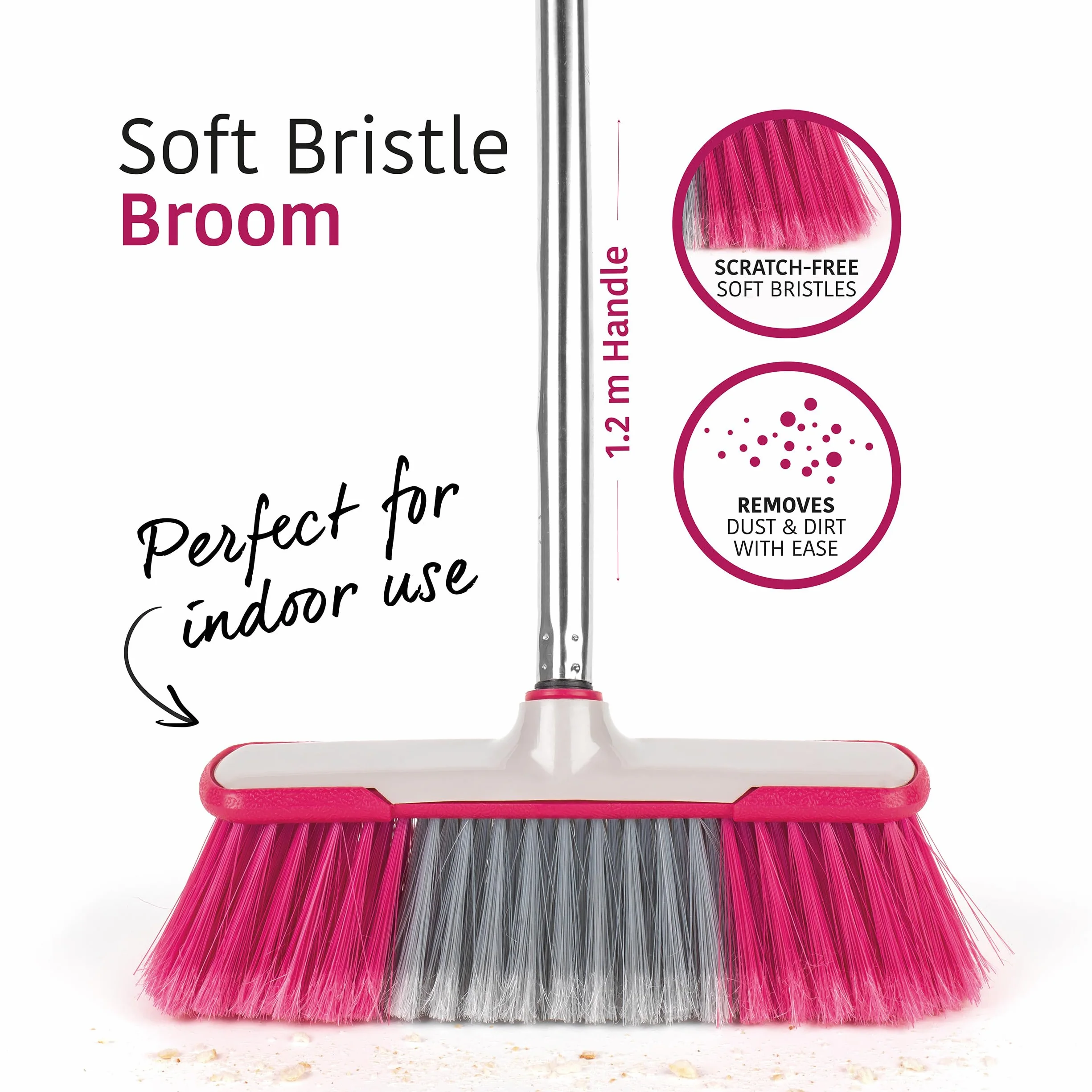 Kleeneze KL062437EU Soft Bristle Sweeping Brush, Indoor Floor Sweeper Broom, Perfect for Kitchen/Laminate/Vinyl/Hard Floors, 1.2 Metre Handle, Stainless Steel, Grey/Pink