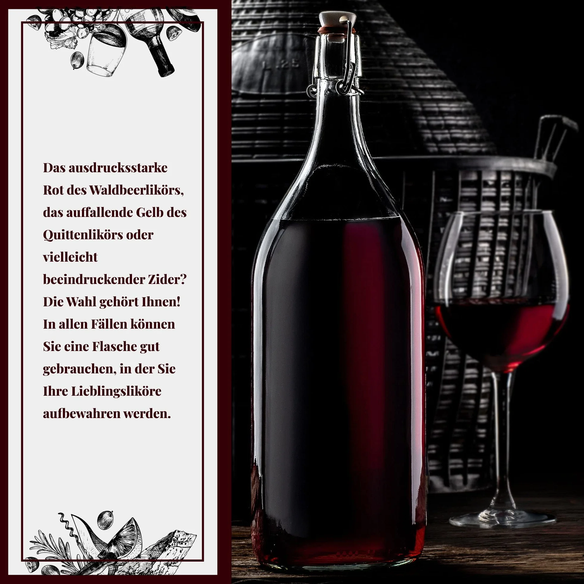 KADAX butelka szklana, butelka na likier owocowy, butelka vintage z sodowego szkła, przezroczysta butelka z zamknięciem kabłąkowym, butelka z zamknięciem kabłąkowym, butelka na likier kwekowy (1,9L, 3