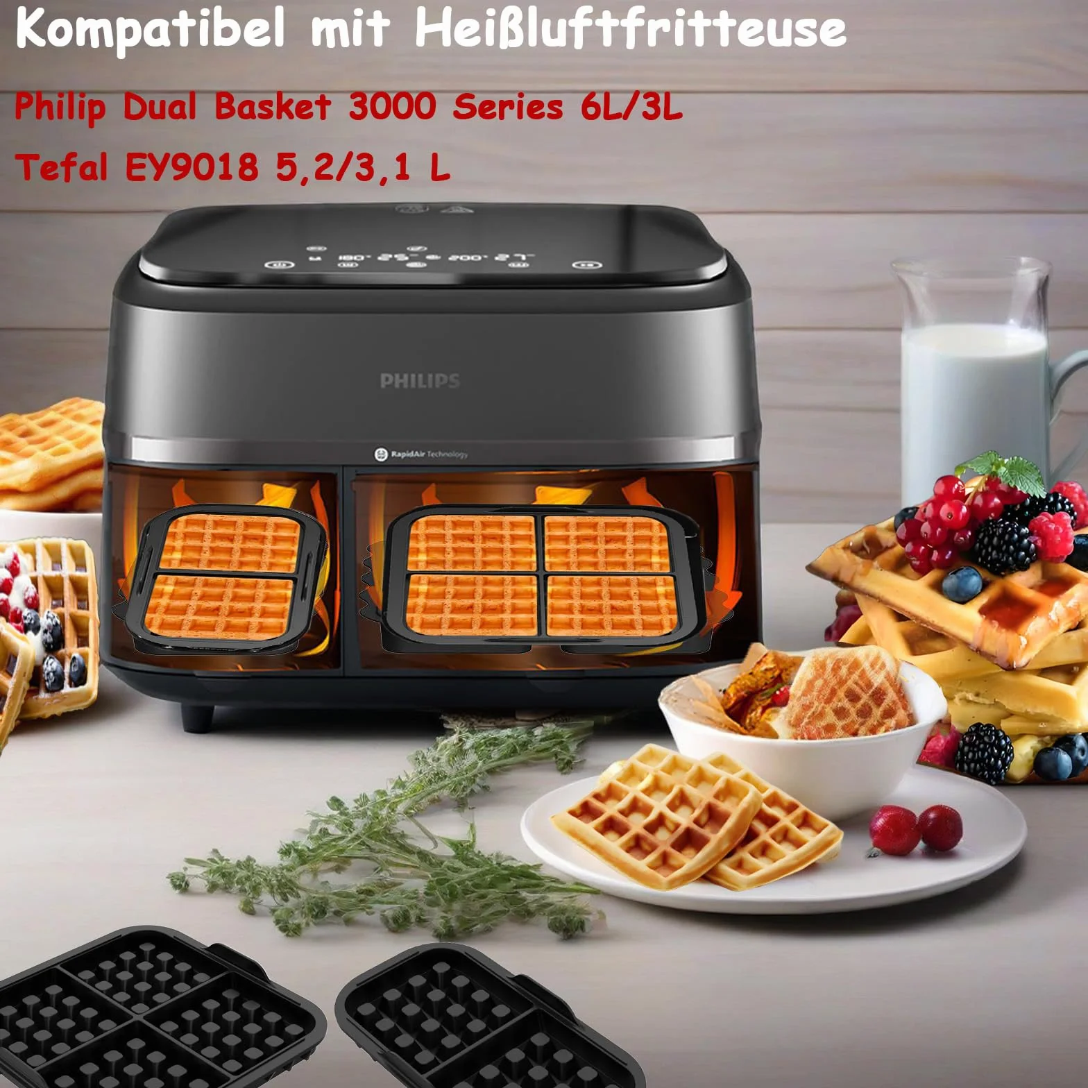 Silikonowa Forma do Gofrów Belgijskich do Frytkownicy Powietrznej Philips Air fryer Seria 3000 6L/3L, Kompatybilny z Tefal Airfryer 5.2L/3.1L