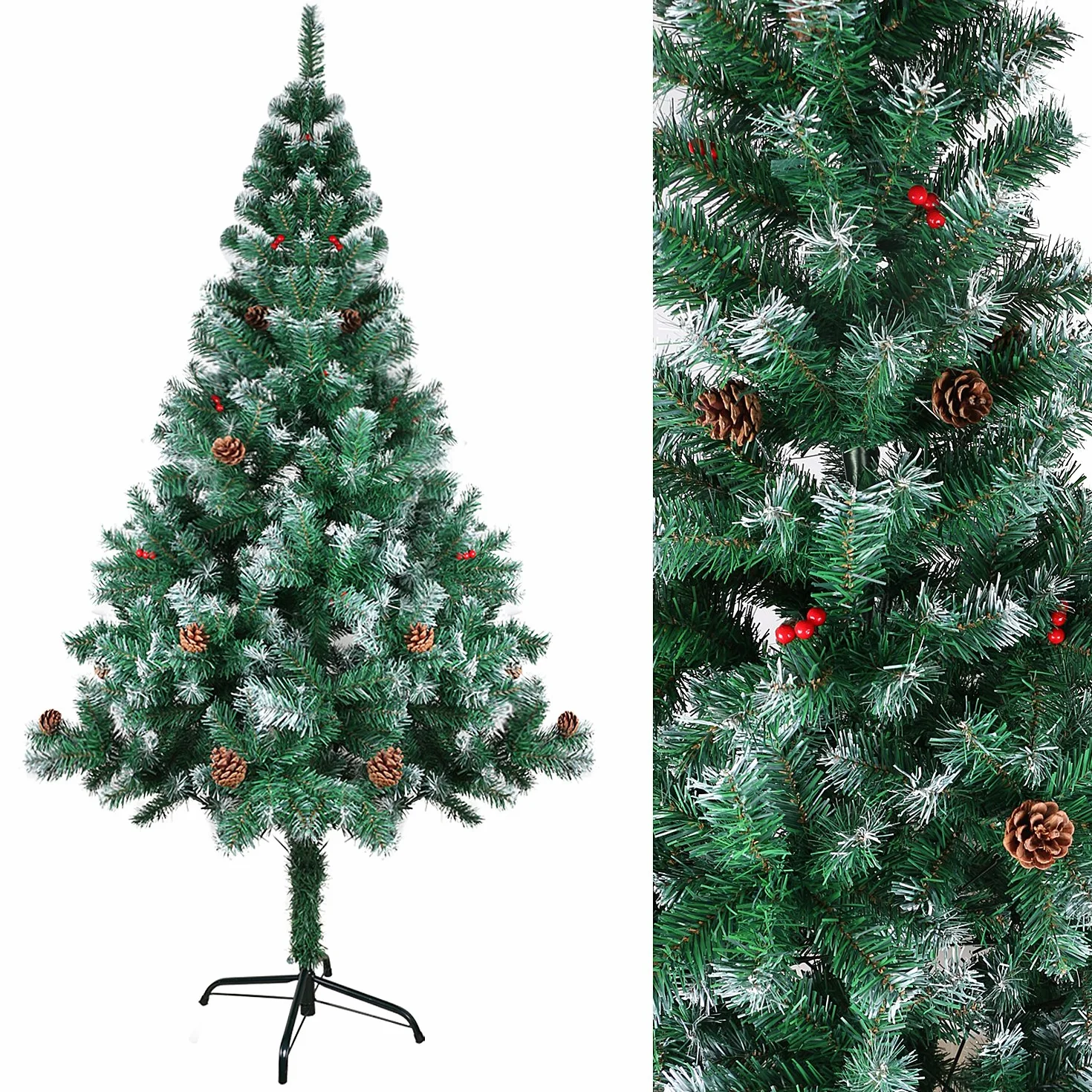 Sztuczna choinka z szyszkami sosnowymi i jagodami, przycinane gałązki choinki w zestawie metalowy stojak, choinka o wysokości 120 cm, trudnopalna