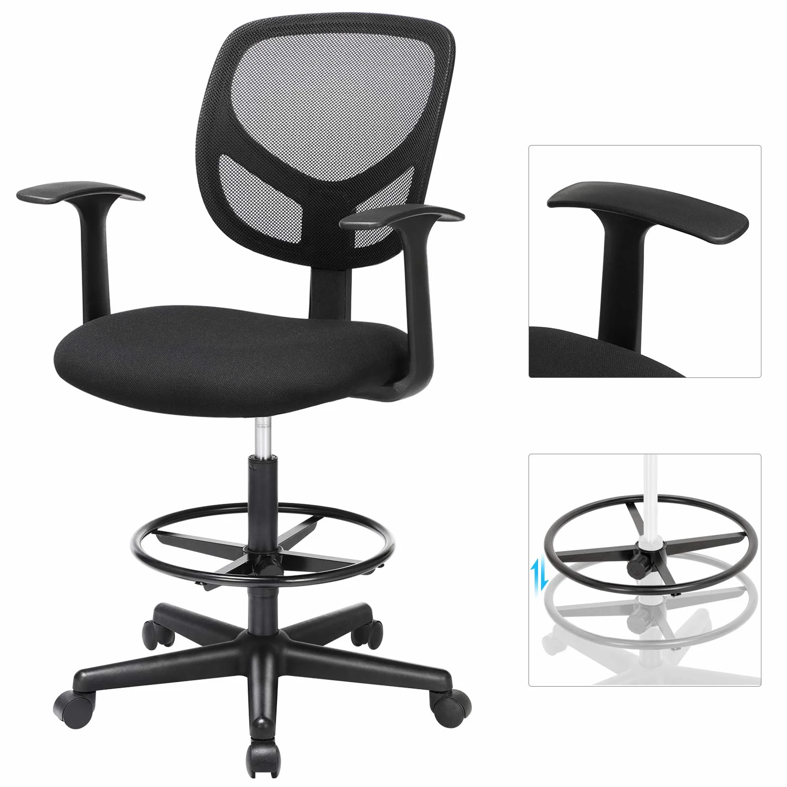 SONGMICS Krzesło biurowe, lniane siedzisko, ergonomiczne siedzisko, taboret, z podnóżkiem z regulacją wysokości, obracany o 360°, do biura stojącego, kolor czarny OBN25BK