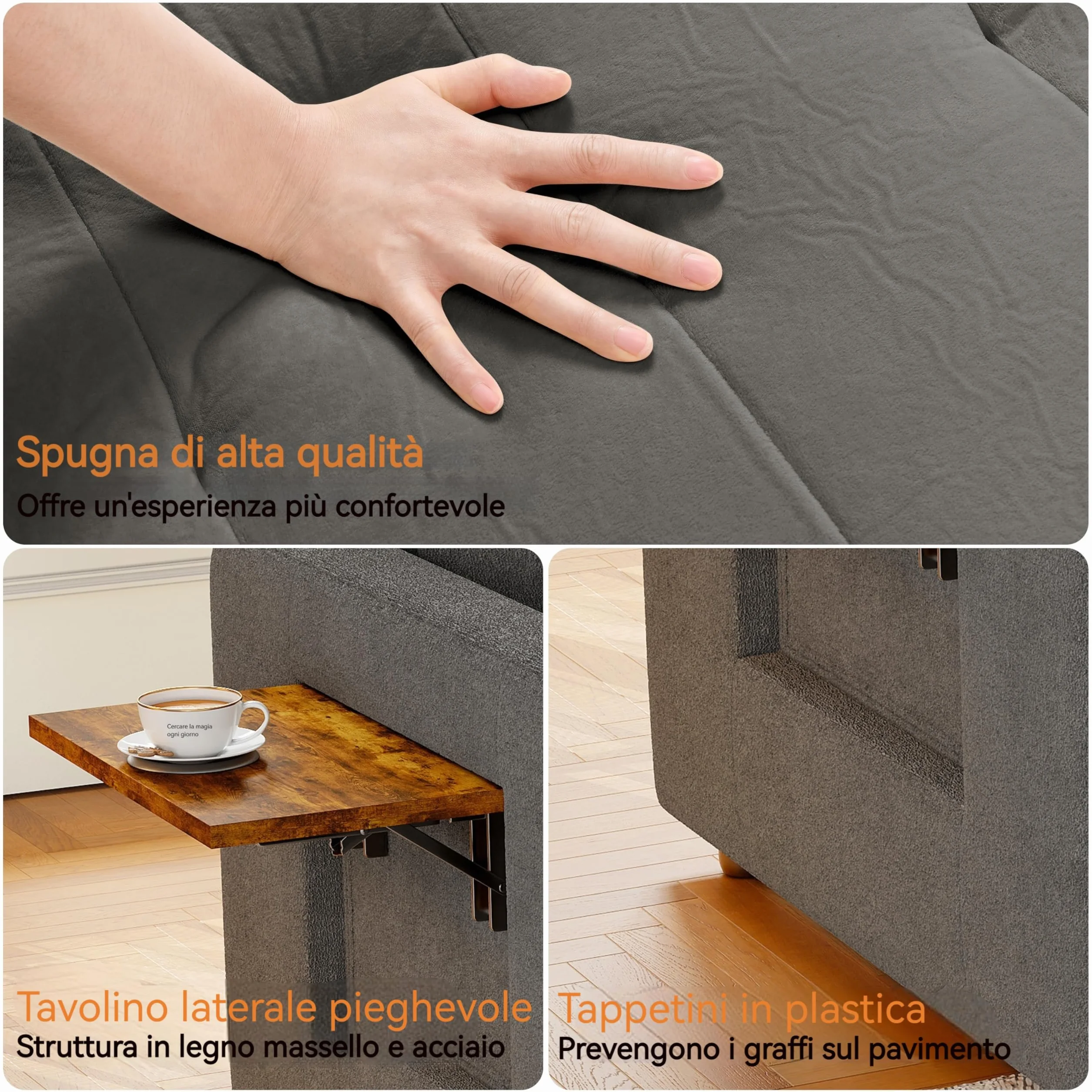 Fotel do spania 3 w 1, konwertowalne krzesło do spania z funkcją łóżka, rozkładana sofa ze składanymi stolikami do herbaty, pojedyncza sofa do spania, regulowany fotel z poduszką (szary, 190 x 108 x