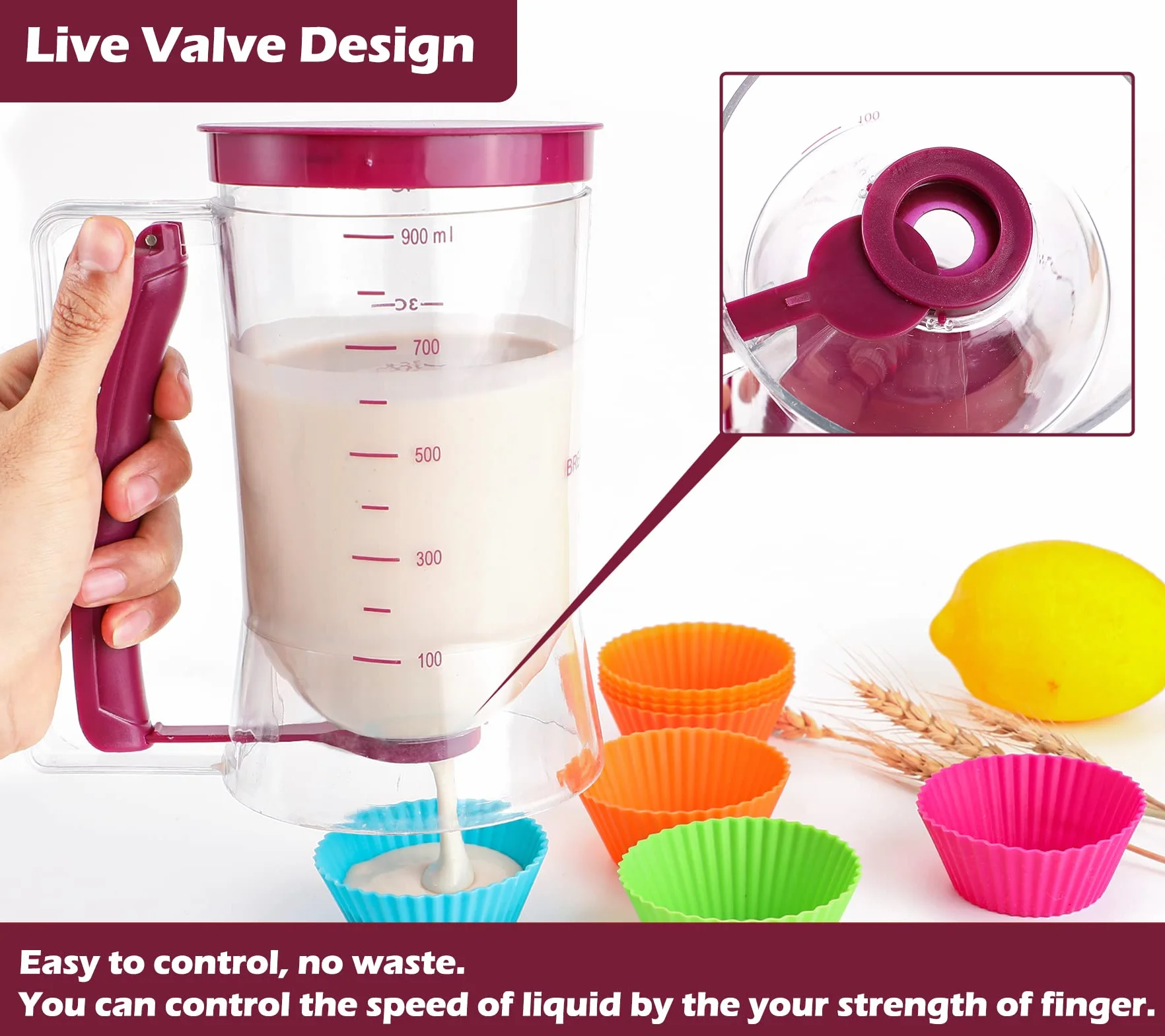 Webake Dozownik do ciasta 900 ml ręczny separator babeczek z etykietą pomiarową