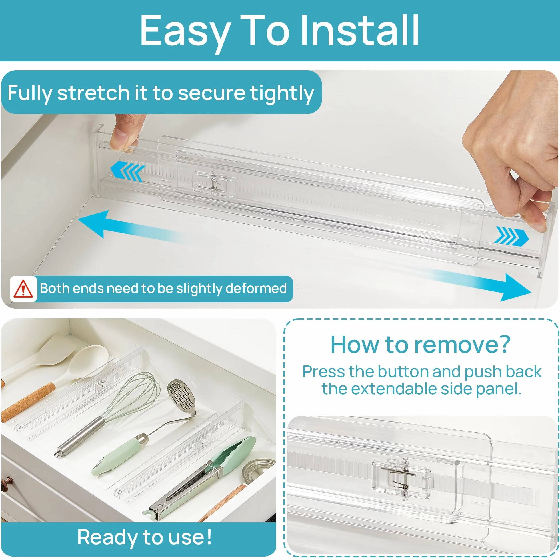 Vtopmart 8 sztuk płytkich przegródek do szuflad, wysokość 6 cm, 32 cm - 53 cm, regulowany, rozszerzalny organizer kuchenny, przezroczyste plastikowe organizery separatory do sztućców, sztućców