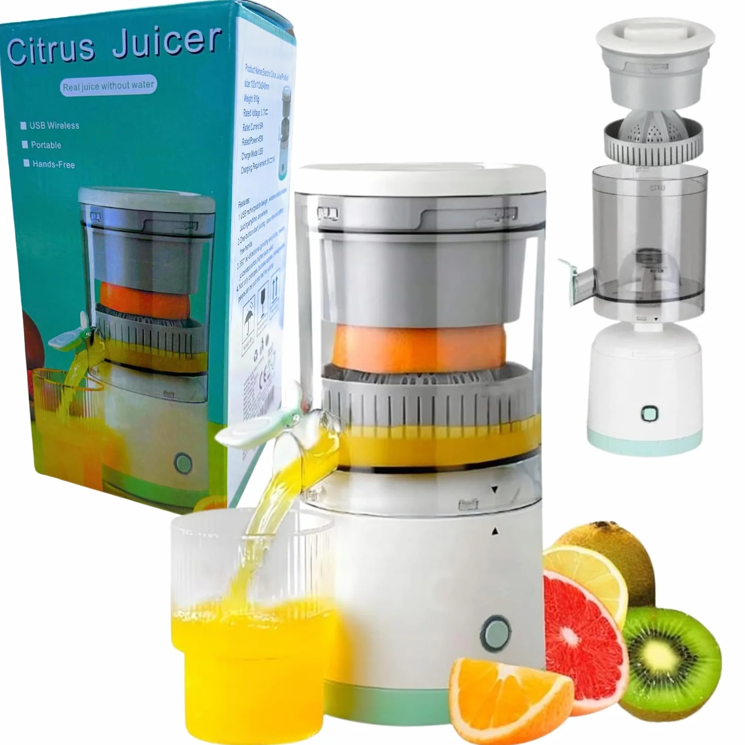 Sokowirówka Wyciskarka Do Owoców i Warzyw, Kompaktowa, 45W, Łatwa Do Czyszczenia, 400ml, Do Arbuzów, Grejpfrutów, Jabłek, Zasilanie USB, Przenośna i Wydajna, ABS, Wysokoobrotowa