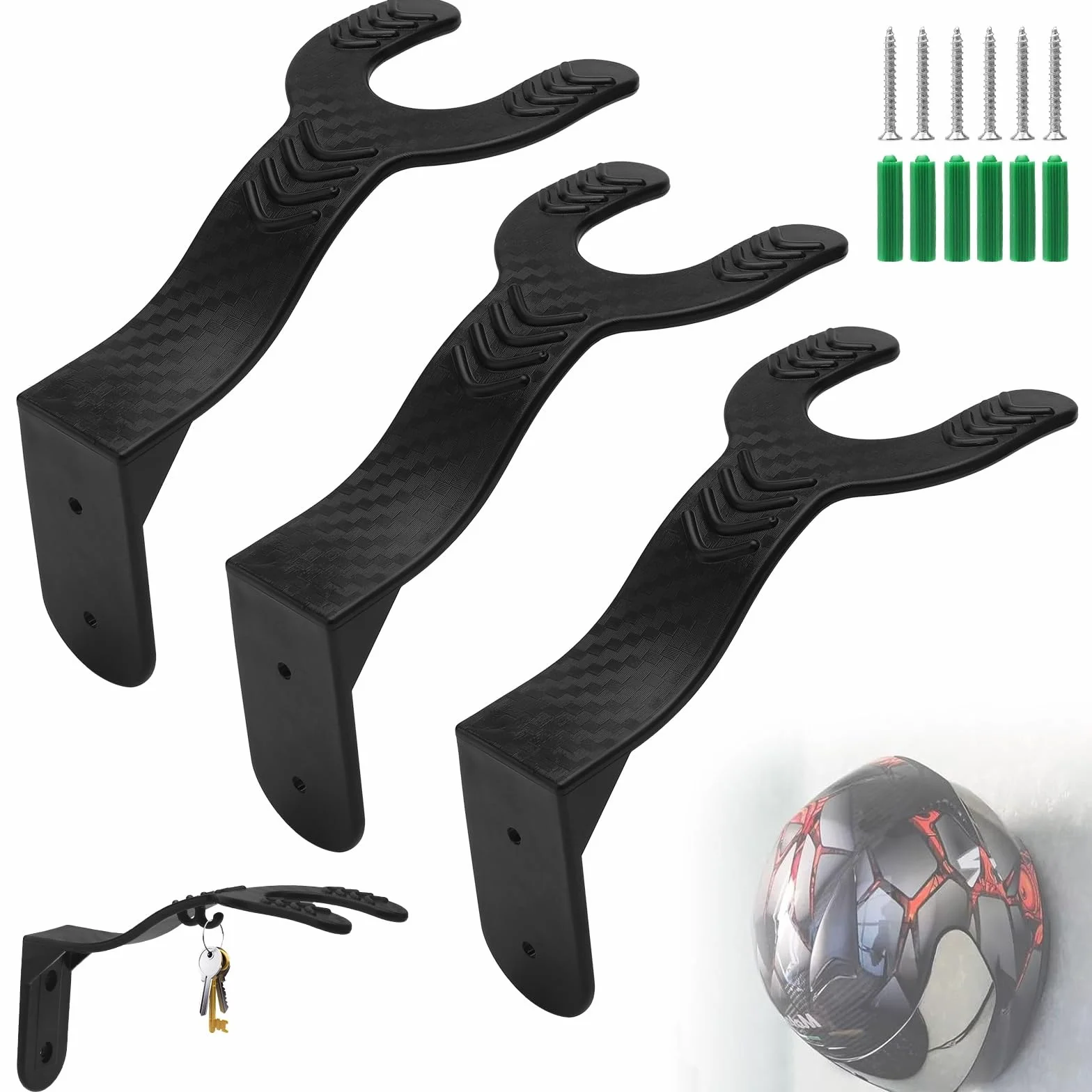 HENGBIRD Uchwyt ścienny na kask, 3 sztuki, czarny uchwyt na kask z hakiem, uchwyt na kask, montaż ścienny, uchwyt na kask, do zawieszenia na kasku, na klucze, plecaki i szale, 3 sztuki
