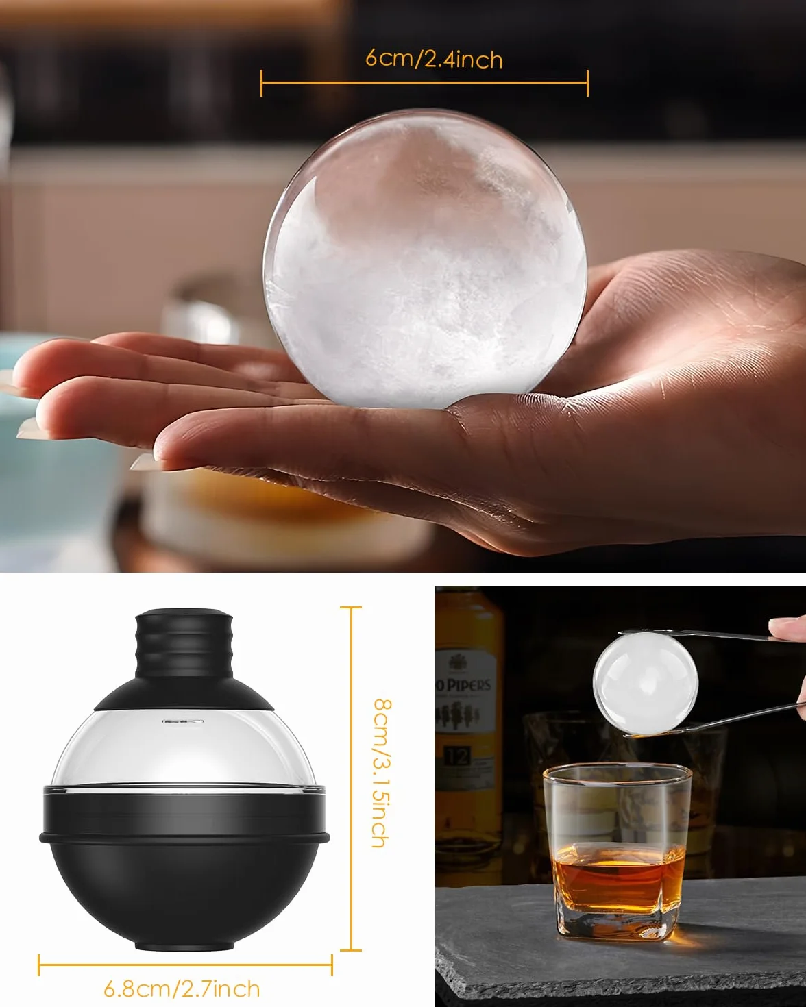 Duża Forma do Lodówki z Silikonu na Whisky Zestaw 4 szt. z Wieczkiem Trichterowym 2 w 1 - Formy na Kuleczki o Średnicy 6 cm do Koktajli