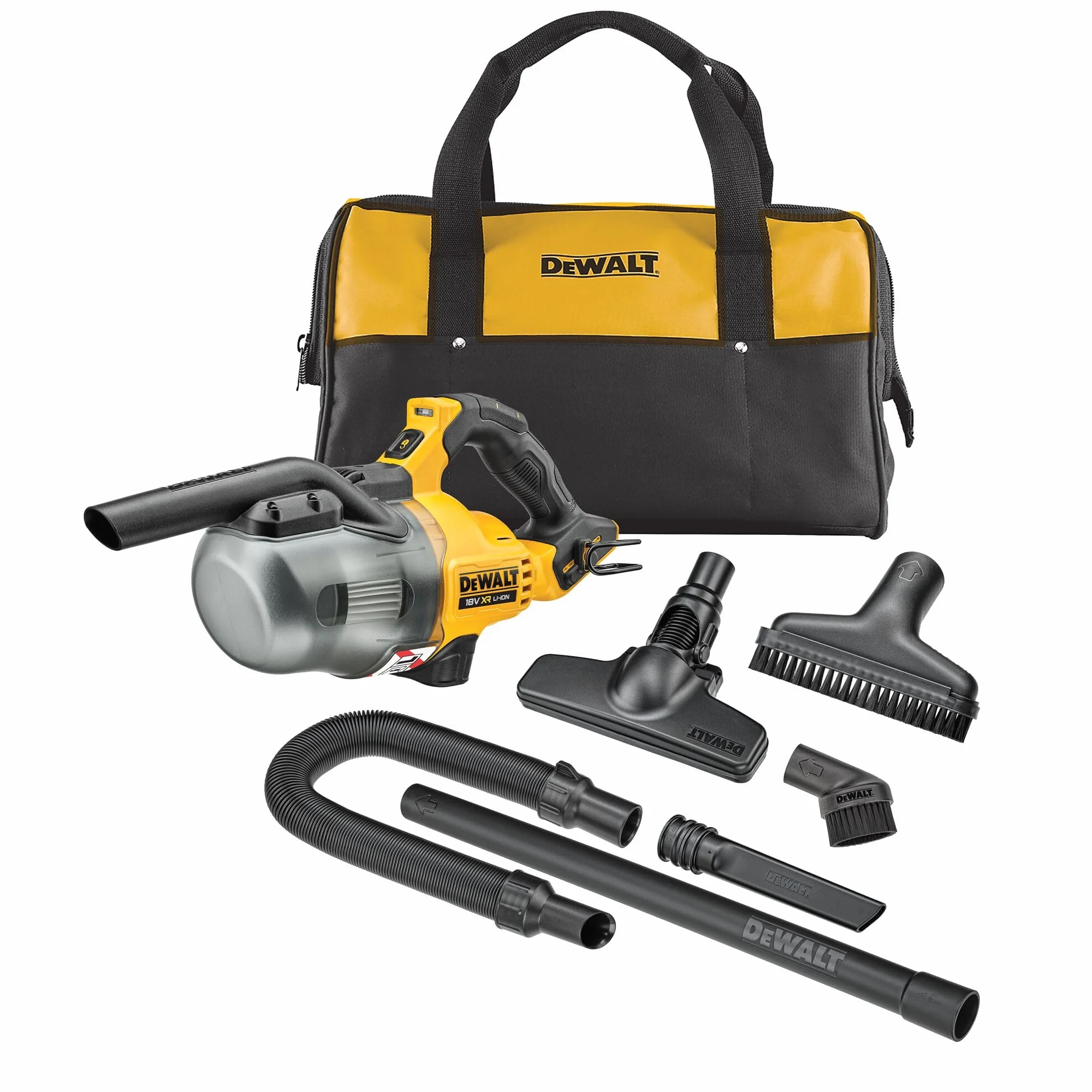 Dewalt DCV501LN odkurzacz akumulatorowy 18 V (odkurzacz klasy L, z filtrem HEPA, z przełącznikiem do pracy ciągłej, jasna biała dioda LED, w zestawie hak na pasek, torba do przenoszenia i akcesoria,