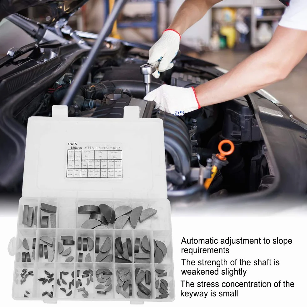 Woodruff Key Assortment Kit 135 sztuk metalowych kluczy do drewna półksiężycowego koło zamachowe koło zamachowe koło pasowe droga korbowa, zestaw sprzętowy do uniwersalnego zastosowania, dobra trwałość
