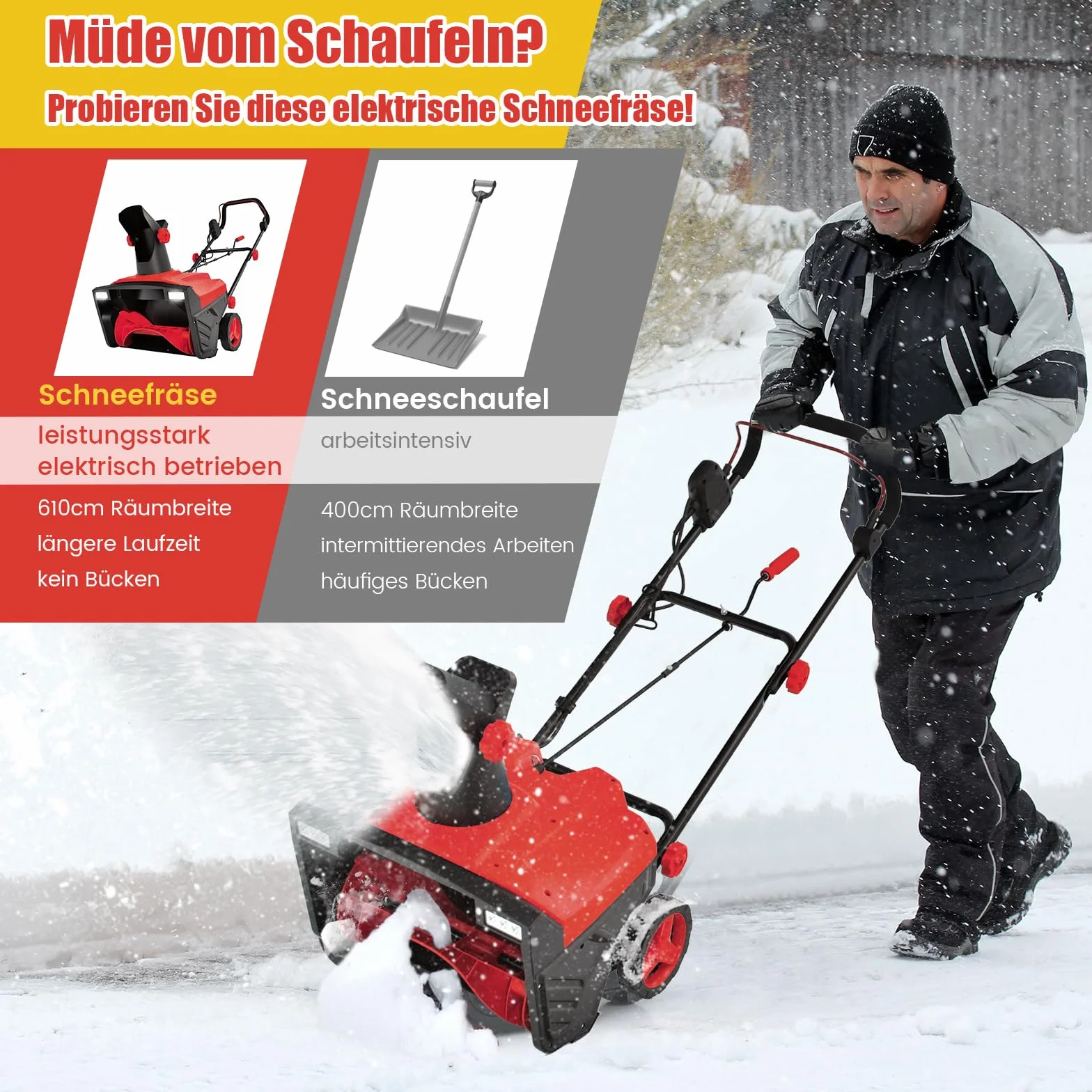 COSTWAY Elektryczna odśnieżarka z diodami LED i silnikiem 15 A, szerokość robocza 50 cm, wysokość robocza 25 cm, przewodowa maszyna do odśnieżania ze zjeżdżalnią obracaną o 180° i zasięgiem wyrzutu 9