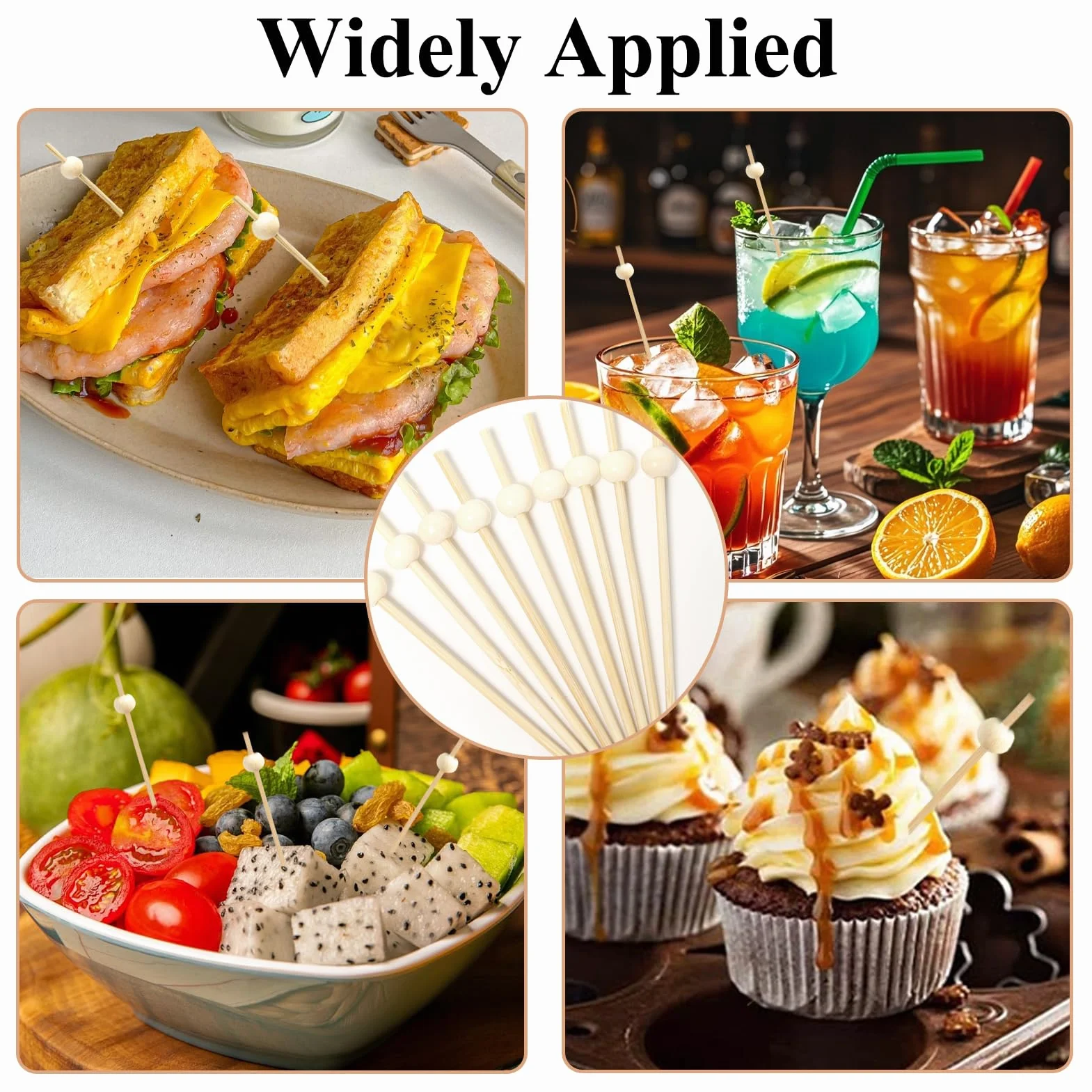 Sekfpnk100 Szaszłyki drewniane, 12 cm szaszłyki na fingerfood z drewnianymi koralikami, akcesoria koktajlowe, nadają się na koktajlowe przyjęcia, imprezy, bufety, spotkania i inne okazje