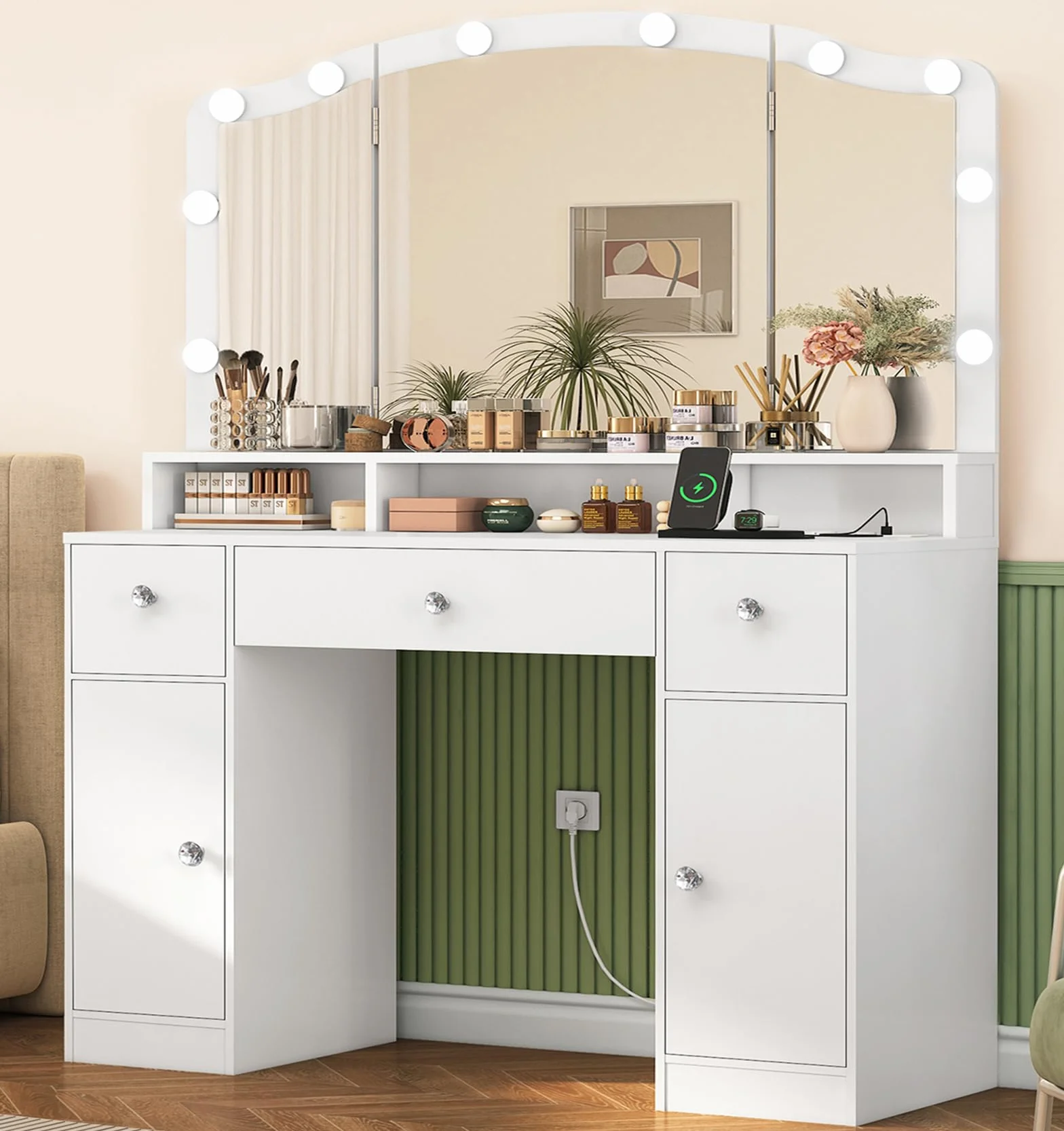 FIONESO Toaletka z 3-składanymi lustrami, toaletka z 10-LED światłami i gniazdami, toaletka z 3-szufladami i dwiema szafkami, dla kobiet, sypialnia, biała